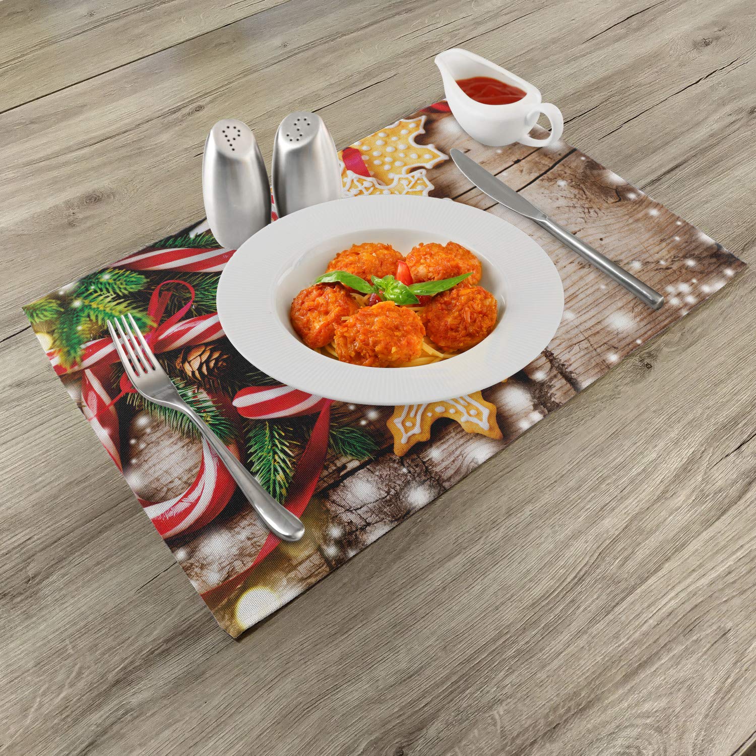 Ambesonne Christmas Place Mats Set of 4 - Holiday Table Decor with Cookies and Candy Canes Design on Wooden Tree Board - Washable Fabric Dining Table Mats in Brown Red Green - Perfect for Christmas Dinner, Winter Party Decorations & Seasonal Home Decor