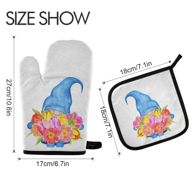 Mother's Day Tulips Gnome Oven Mitts & Pot Holders Set - 2PCS Heat Resistant Kitchen Gloves with Soft Cotton Lining - Non-Slip Baking, Cooking & BBQ Accessories for Spring Summer Floral Decor
