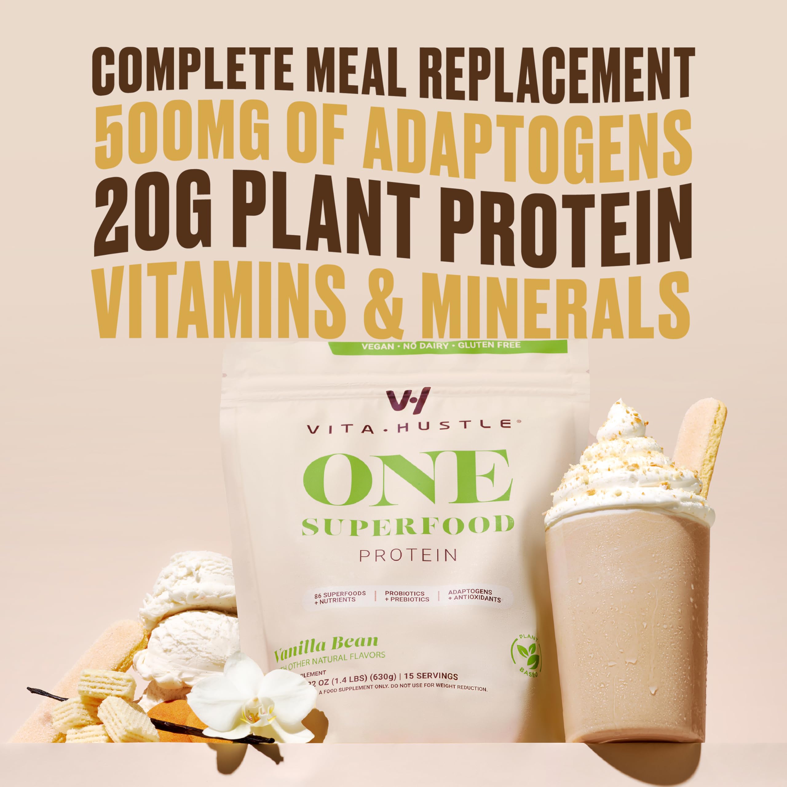 VitaHustle ONE Plant-Based Meal Replacement Shake by Kevin Hart - Vegan Protein Powder with Superfoods, Vitamins, Adaptogens & Probiotics - Vanilla Flavor, 30 Servings - Perfect for Post-Workout Recovery, Weight Management & Busy Lifestyles