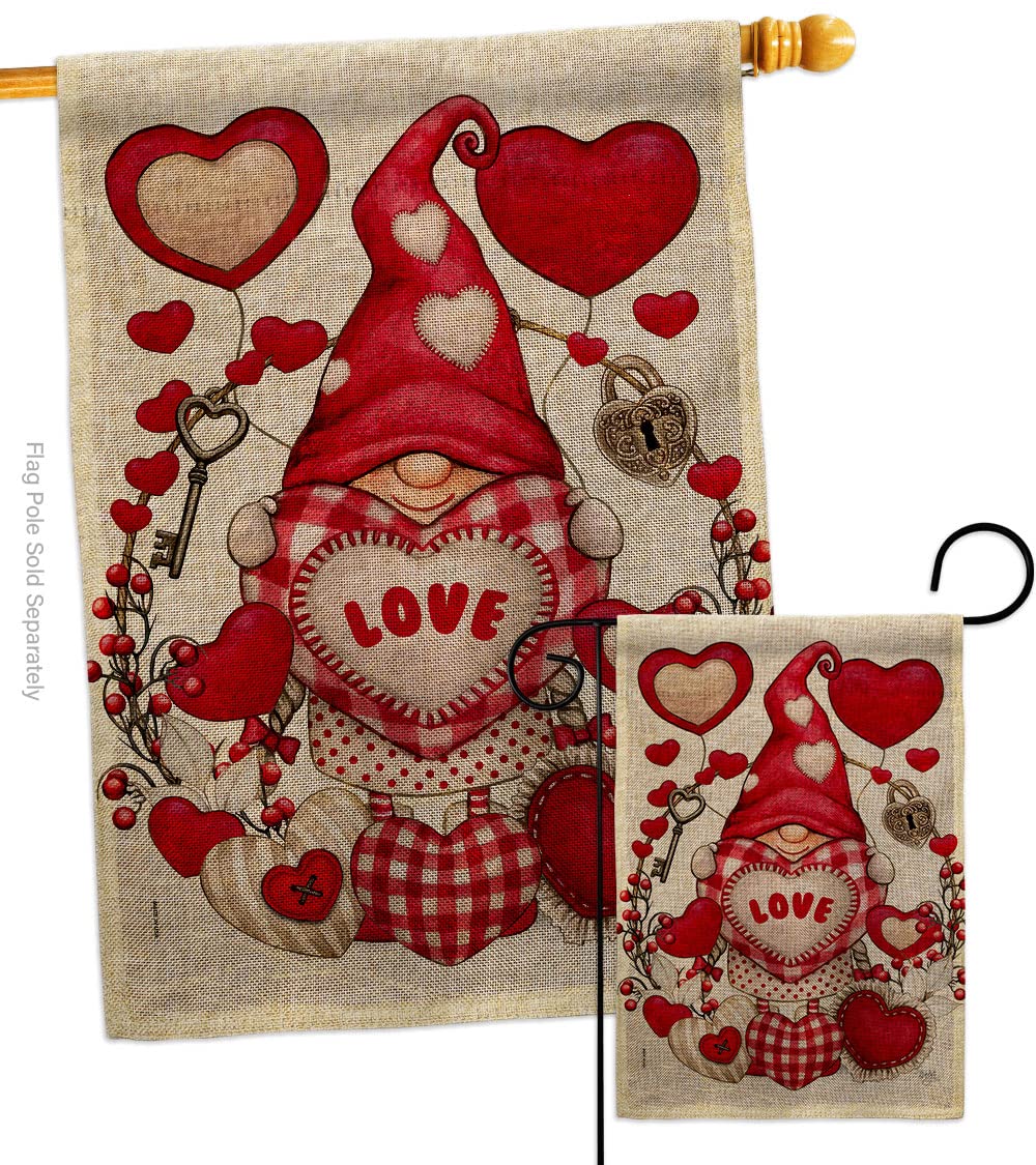 My Valentine Gnome Garden Burlap House Flag Set - Springtime Romantic Couple Decor with Happy Hearts, Double-Sided Outdoor Yard Banner for February Holiday - Made in USA | Perfect for Valentine's Day, Garden Decor, and Front Porch Displays