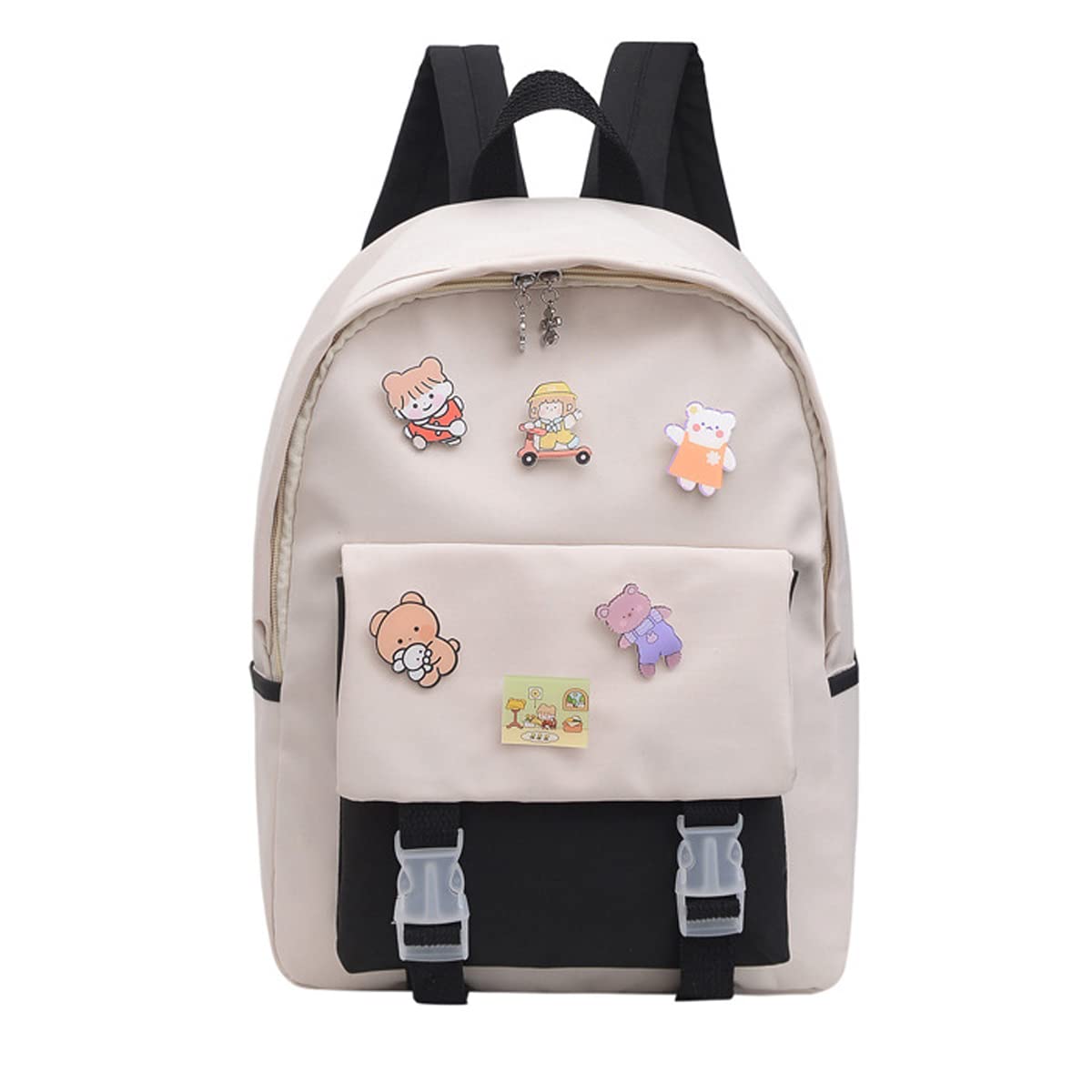Stylish 15.7 Inch Kawaii Aesthetic Backpack for Women - Cute Japanese College School Bag with Badge Holder (Black) - Perfect for School, Travel & Everyday Use
