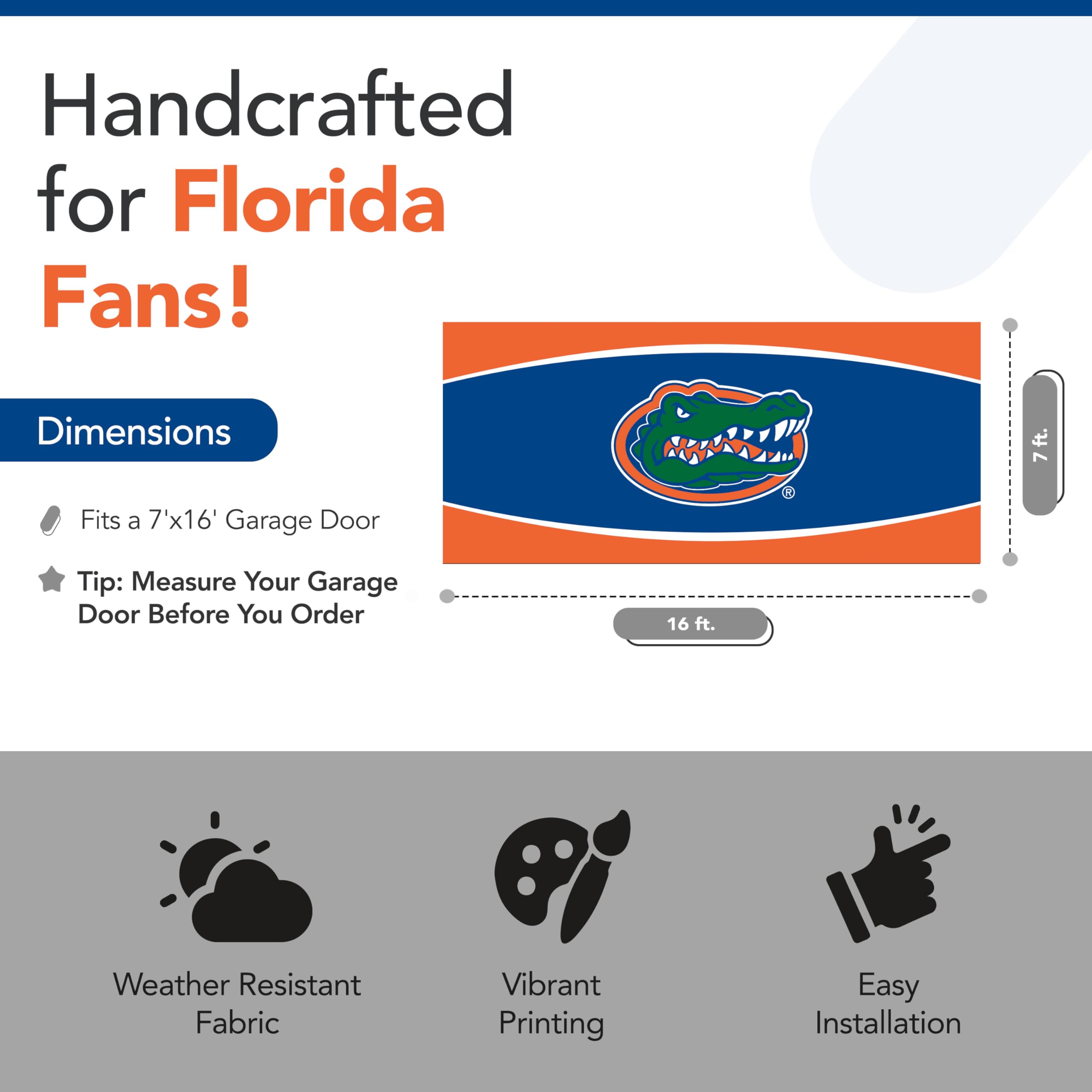 Florida Gators NCAA Licensed College Sports Garage Door Banner - 7' x 16' Tension Polyester School Banner in Blue & Orange - Perfect for Game Day Decor, Tailgating & Fan Cave Displays