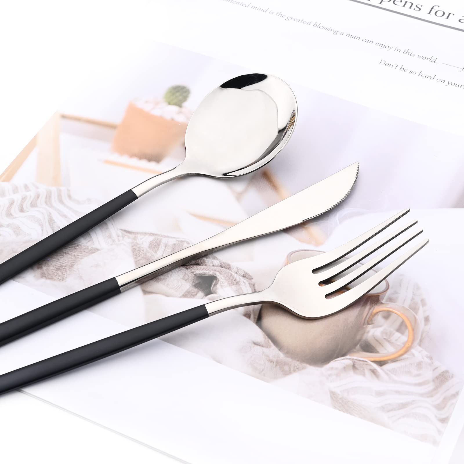 24-Piece Mirror Cutlery Serving Set - 18/0 Stainless Steel Silverware with Black Handle - Modern Tableware for Home, Party, Restaurant & Christmas Dinner - Service for 6 (Black Silver) - Perfect for Holiday Gatherings, Wedding Receptions & Fine Dining