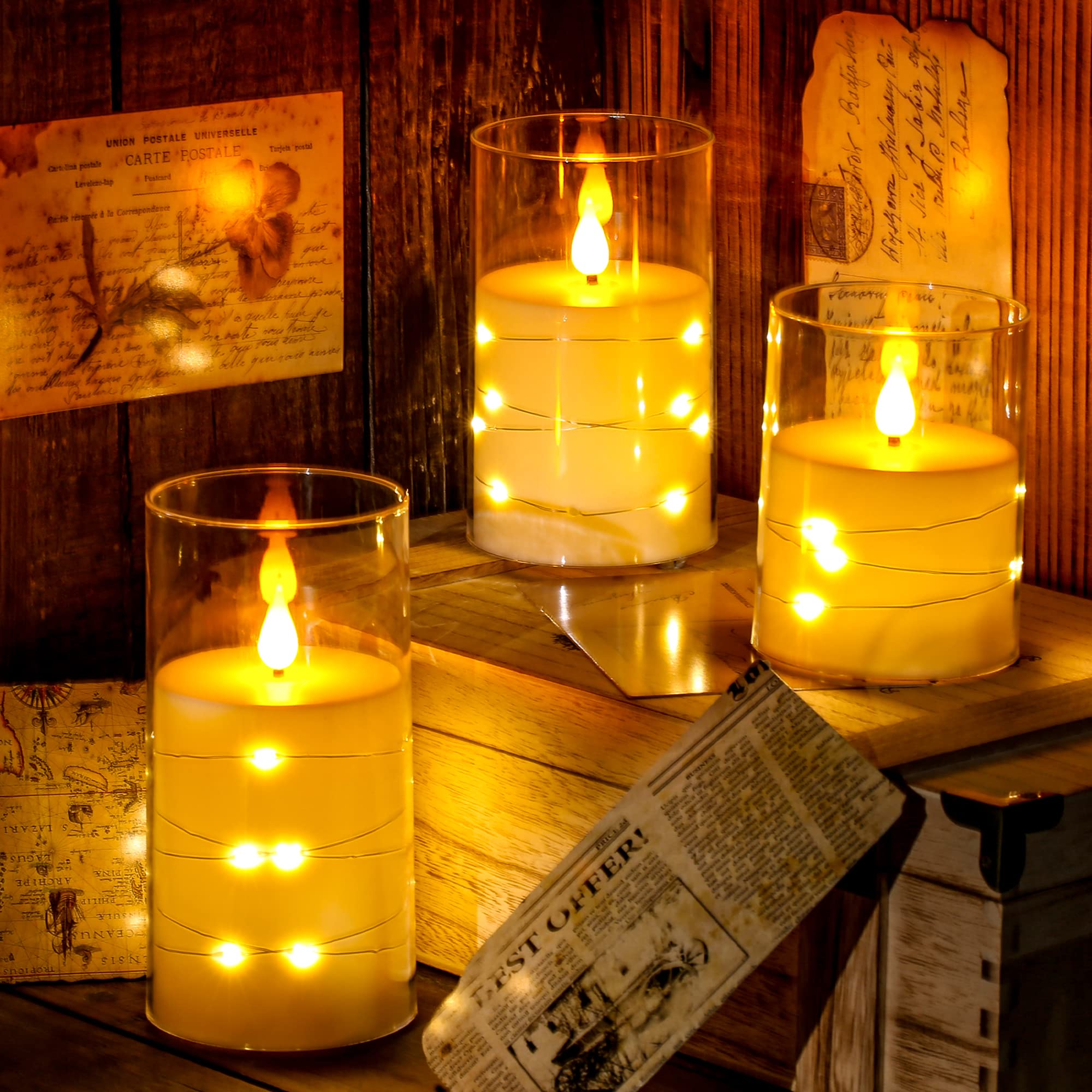 Flickering Flameless LED Candles with Star String Lights - Battery Operated, Remote & Timer - Set of 3 Ivory White Acrylic Pillar Candles for Home Decor, Wedding, Party & Holiday Ambiance