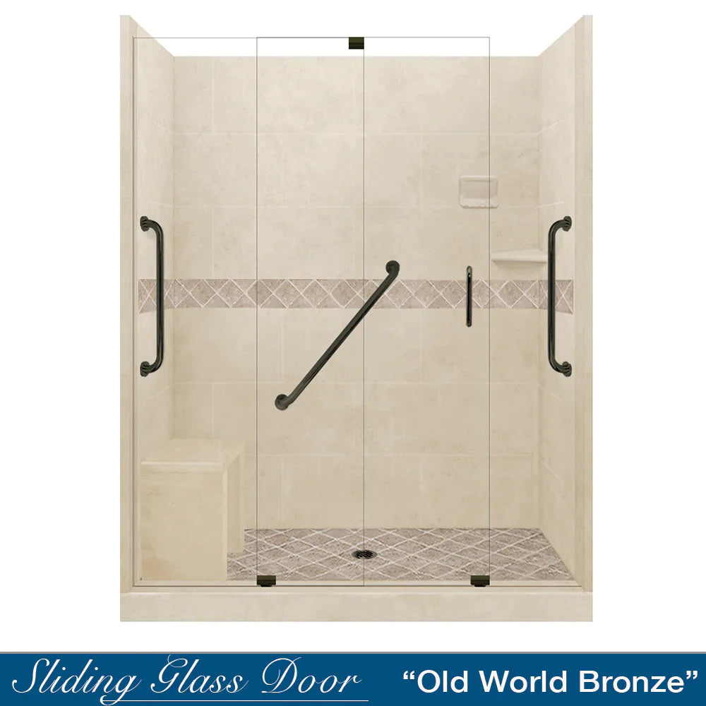 Freedom 60 Alcove Shower Kit - DIY Shower Remodel with Desert Sand Sistine Stone & Diamond Stone Accent | Includes Free Shampoo Niche | Easy Bathroom Upgrade for Home Renovation Projects