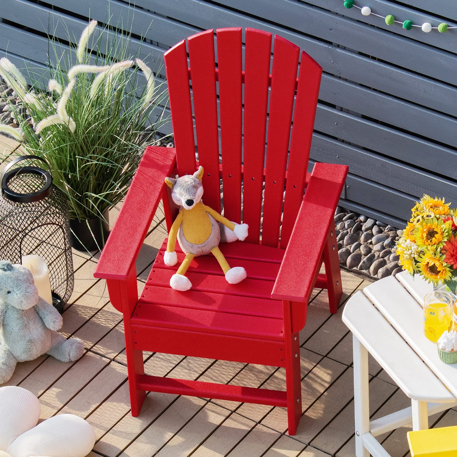Giantex Kids Adirondack Chair - HDPE Patio Lawn Chair with Ergonomic Backrest for Outdoor & Indoor Use - Weather Resistant Toddler Outdoor Furniture for Deck, Porch, Backyard, Poolside (Red) - Perfect for Relaxing, Sunbathing and Family Gatherings