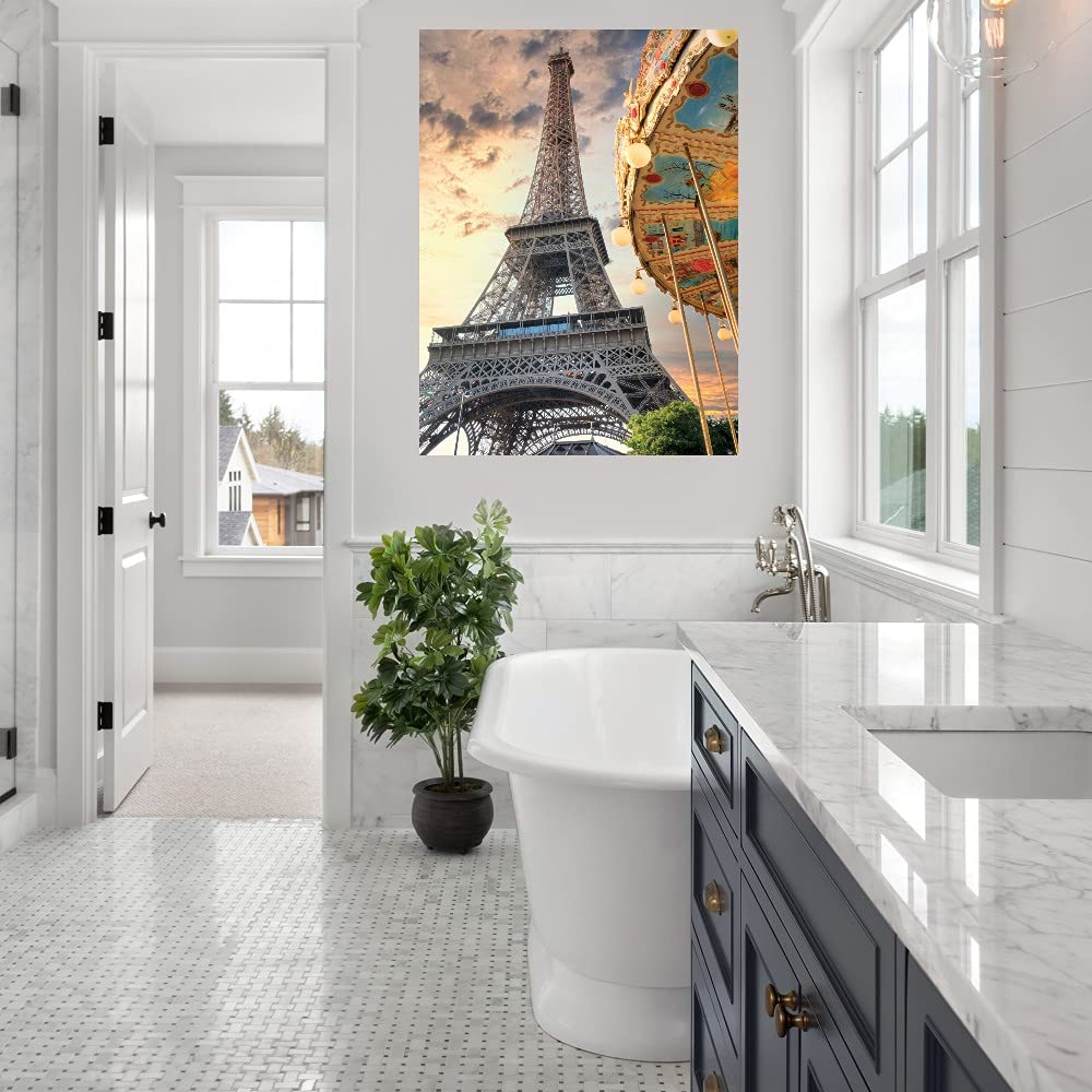 Eiffel Tower and Carousel Fine Art Canvas Wall Decor by Alan Blaustein - 35x46 Inch Ready to Hang Painting for Living Room, Bedroom, Office - Perfect for Home Decor, Housewarming Gifts & Interior Design