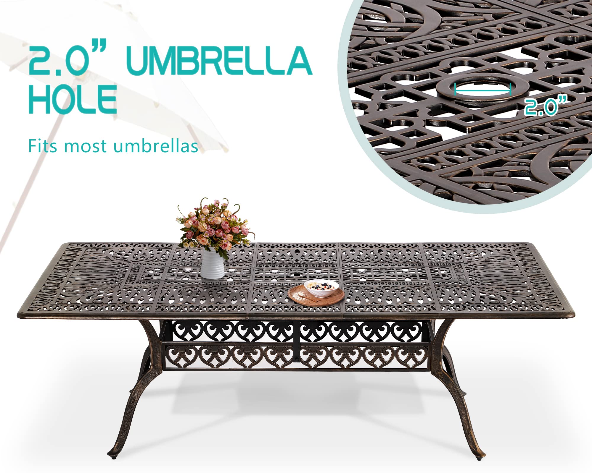 TITIMO 87 Inch Patio Dining Table - Durable Cast Aluminum Outdoor Rectangle Table with 2