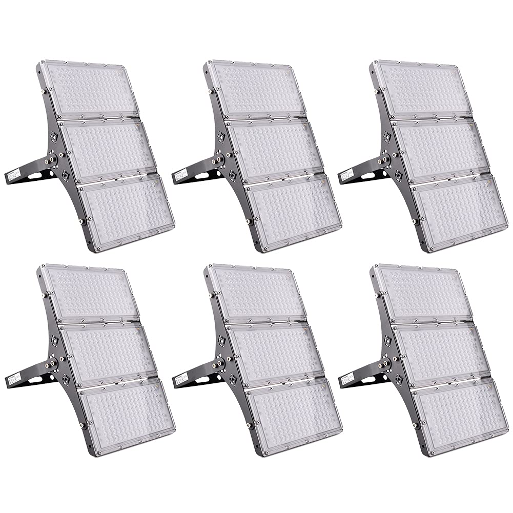 PAPASBOX 6-Pack 300W LED Flood Lights Outdoor - 24,000LM Bright Security Lighting, 3000K Warm White Stadium Lights, IP65 Waterproof for Stadiums, Lawns, Arenas, Yards & Garages | Perfect for Outdoor Events, Sports Fields & Home Security