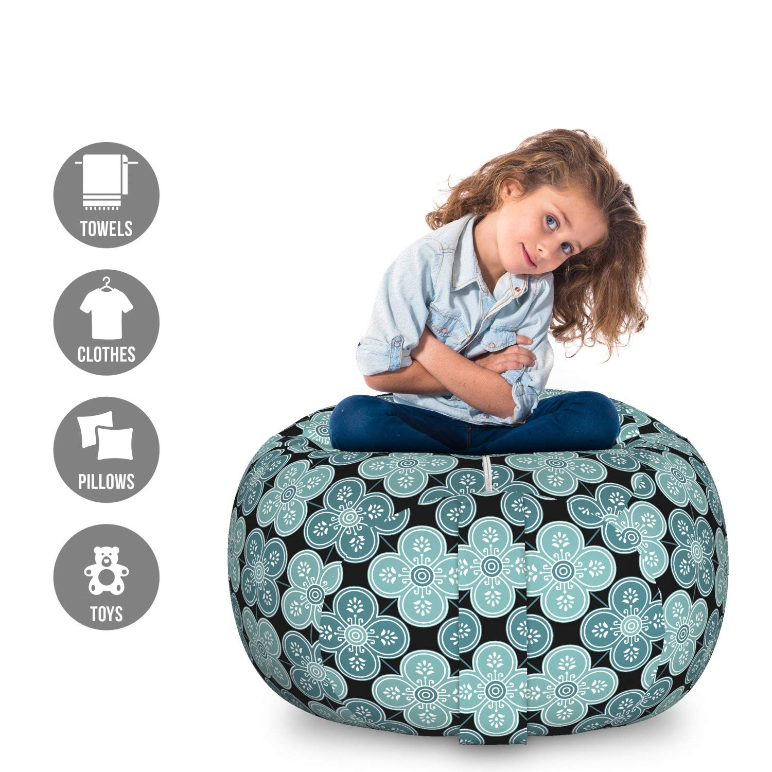 Ambesonne Moroccan Floral Storage Toy Bag Chair - Large Washable Stuffed Animal Organizer with Mediterranean Damask Print - Perfect for Kids' Room, Nursery, and Playroom Organization (Teal Petrol Blue)