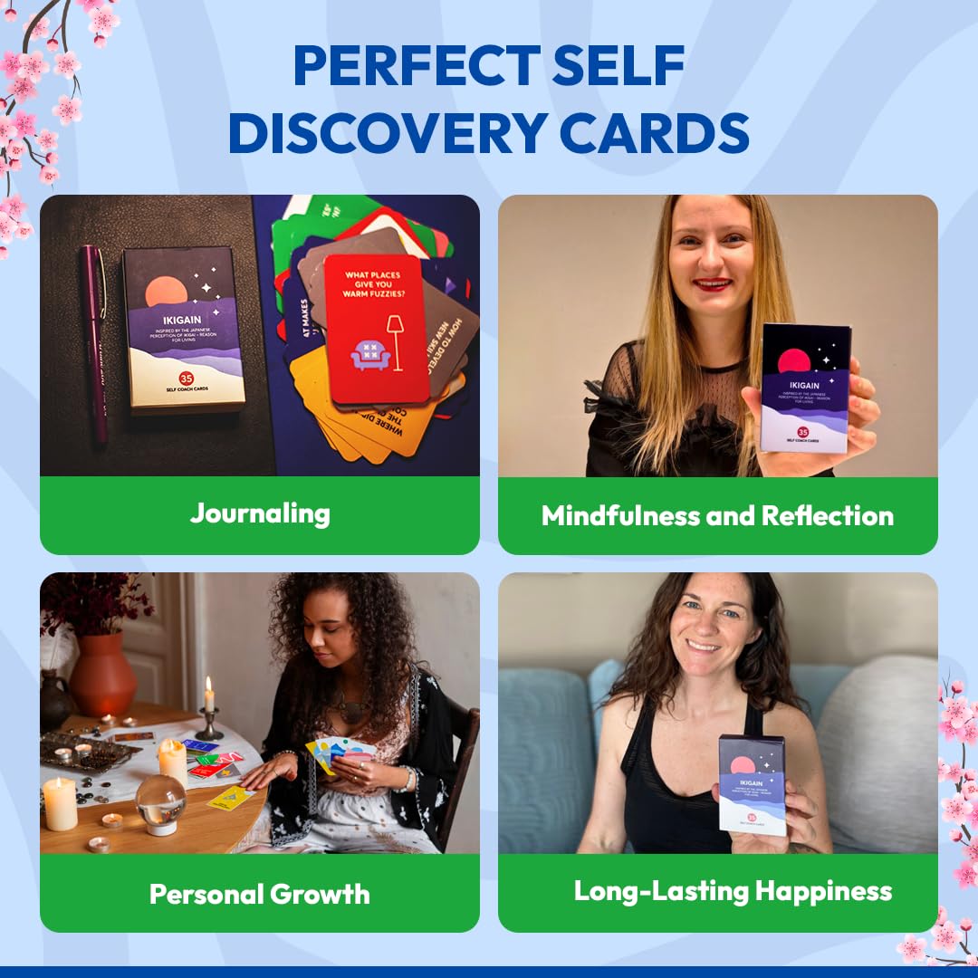 IKIGAI Self Discovery Cards - 35 Mindfulness Cards for Stress Relief, Personal Growth & Daily Inspiration - Japanese Culture Inspired Self Help Journal for Women and Men - Perfect for Meditation, Therapy & Gift Giving