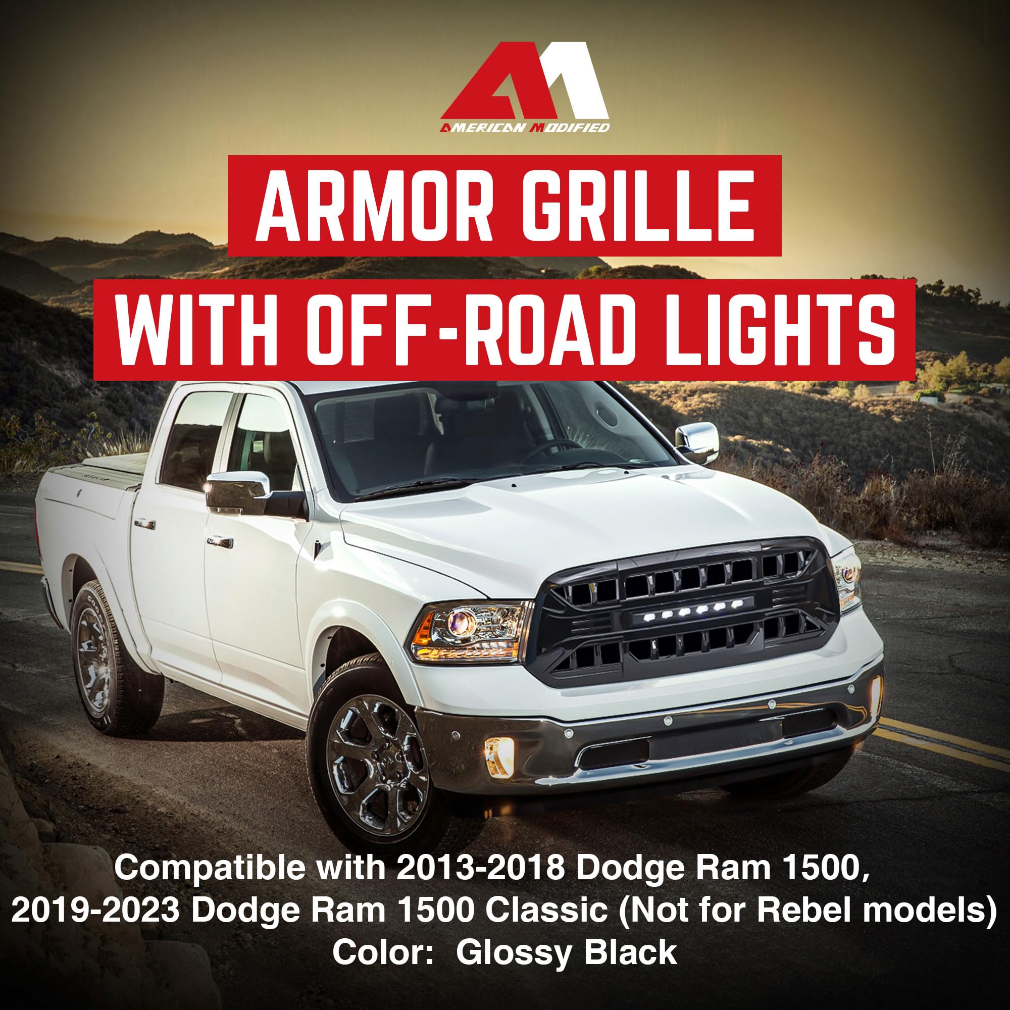 2013-2023 Dodge Ram 1500 & Ram 1500 Classic Off-Road LED Grille - Glossy Black Armor Grille for Enhanced Protection & Style | Perfect for Truck Enthusiasts & Off-Road Adventures