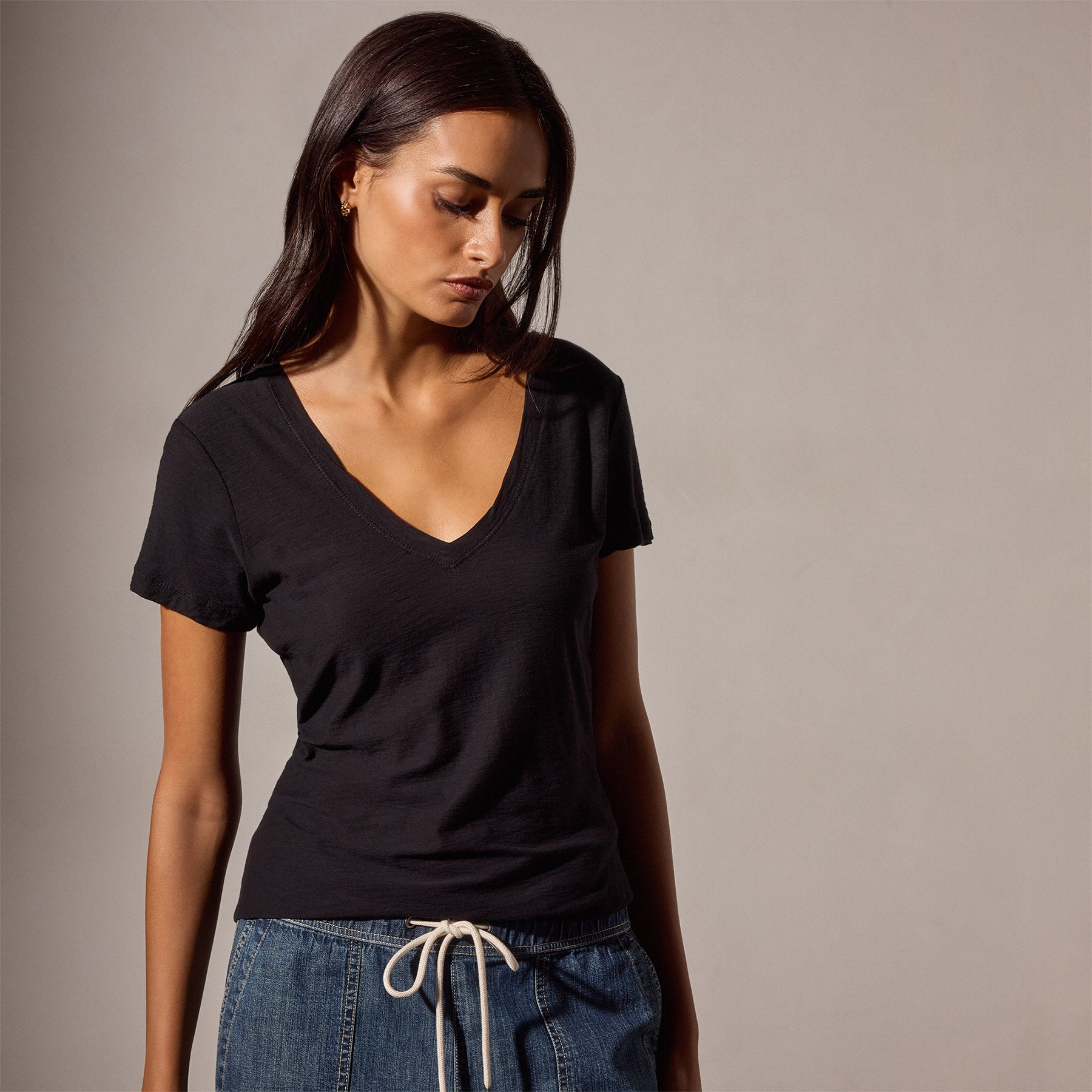 Sheer Slub Casual V-Neck T-Shirt for Women - Soft & Comfortable Black Top for Everyday Wear | Perfect for Layering, Casual Outfits, and Relaxing at Home