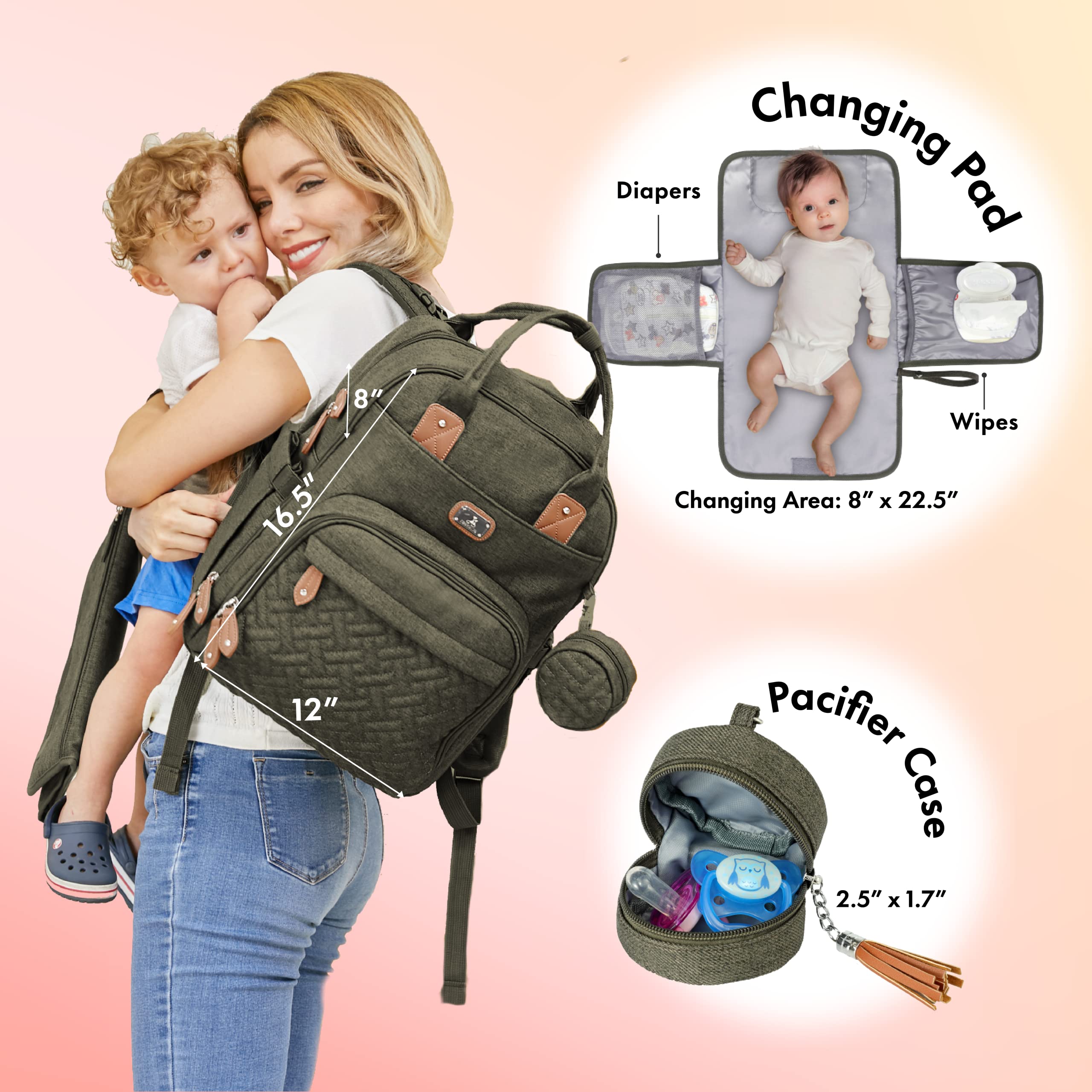 **Dikaslon Diaper Backpack for Baby - Large Unisex Travel Bag with Changing Pad, Pacifier Case & Stroller Straps | Waterproof & Spacious for Moms & Dads | Perfect for Daycare, Travel & Outings (Army Green)**