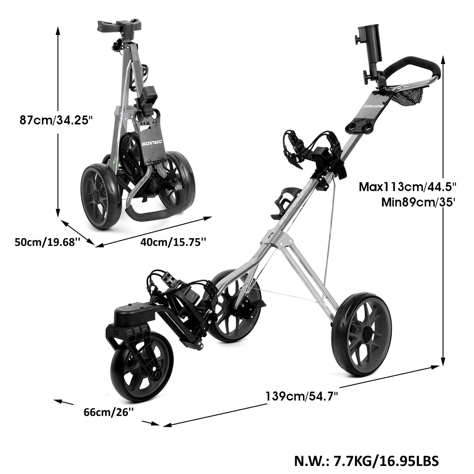 DRUIDS Golf 360 Push Cart - Lightweight 3-Wheel Swivel Golf Push Cart with Brake, Umbrella Holder & Foldable Design | Portable Walking Golf Caddy for Men & Women | Perfect for Course Walking, Practice Rounds & Senior Golfers