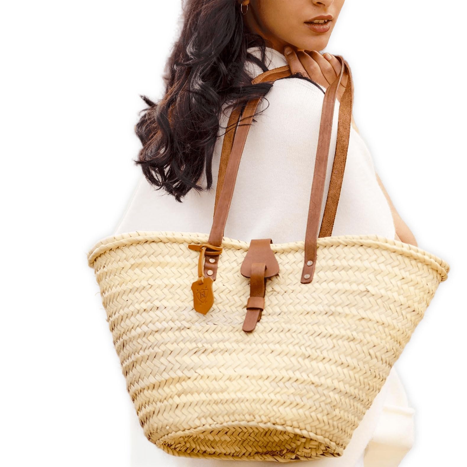 Stylish French Straw Basket Bag with Leather Handles - Perfect for Beach, Market & Summer Outings | Crossbody Tote, Moroccan Boho Chic, Eco-Friendly Fashion Accessory