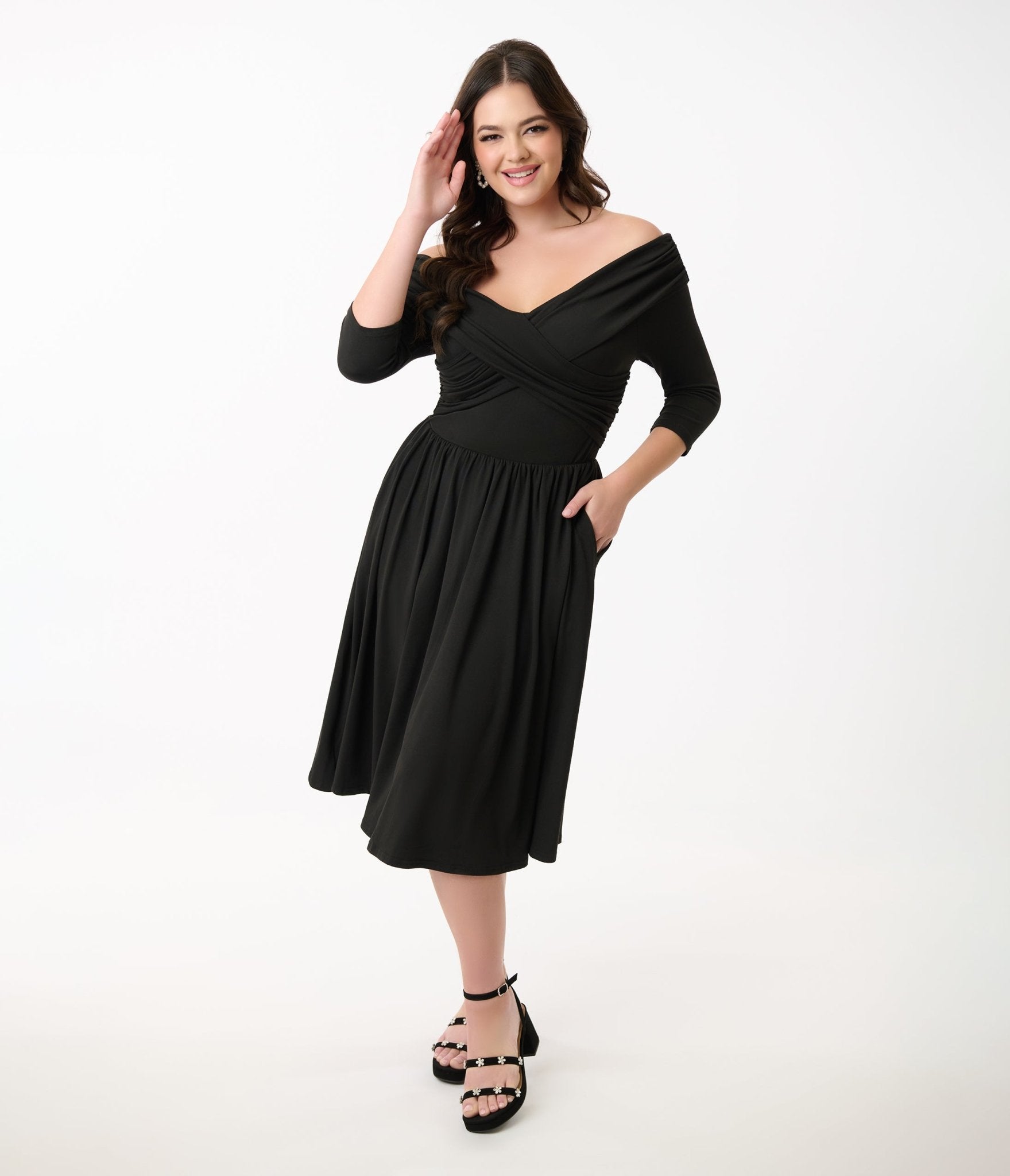 Vintage Black Off-Shoulder Shirred Swing Dress - Flowy Summer Dress for Women, Perfect for Beach Vacations, Date Nights & Special Occasions