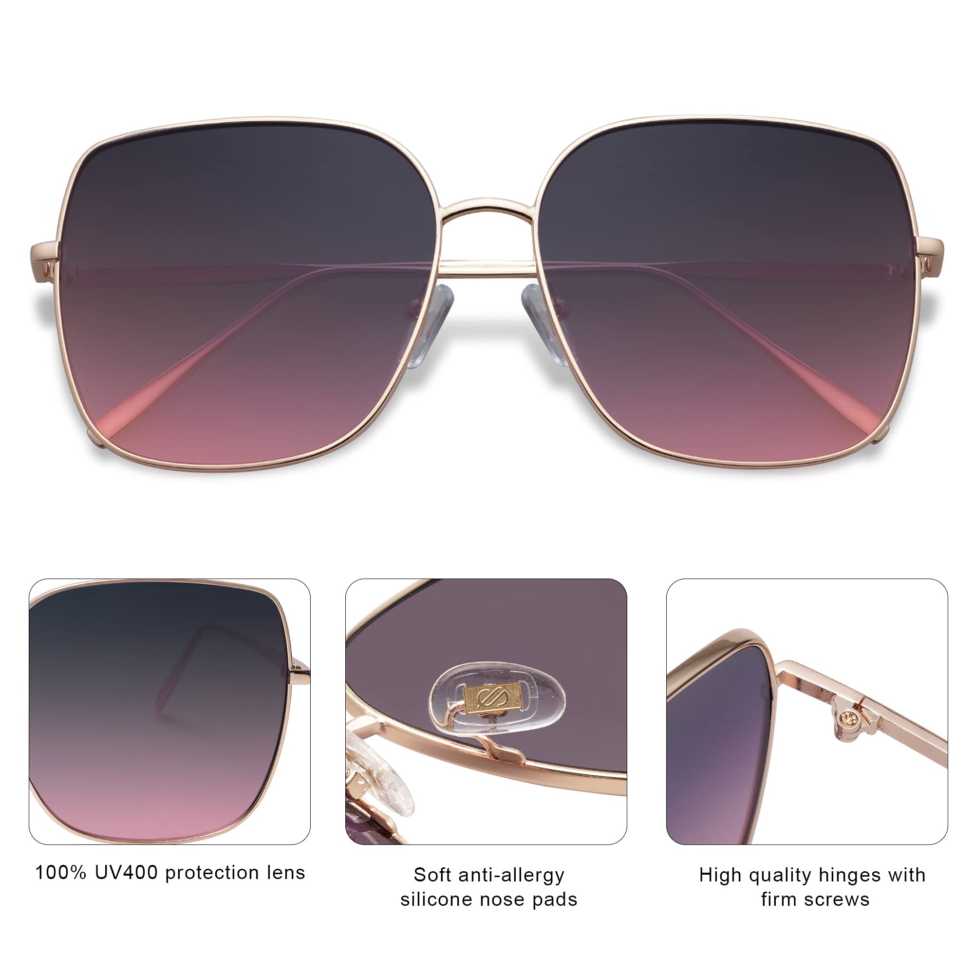 SOJOS SJ1146 Oversized Square Sunglasses for Women & Men - Retro Metal Frame, UV Protection, Flat Lens - Perfect for Driving, Beach, and Outdoor Activities