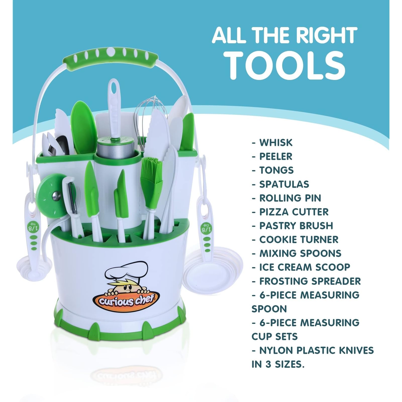 Curious Chef 30-Piece Kids Cooking Set - BPA-Free Plastic Cookware with Utensils (Rolling Pin, Spoons, Whisk, Knives, Measuring Cups) | Dishwasher Safe | Perfect for Pretend Play, Early Cooking Skills & Family Kitchen Fun