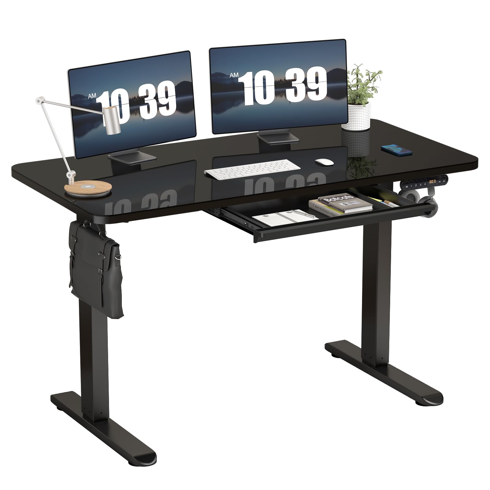 AIMEZO 48 x 24 Inches Electric Standing Desk with Drawers - Adjustable Height Ergonomic Sit Stand Desk with Tempered Glass Top & 4 Preset Memory - Black Home Office Desk for Work, Study & Gaming