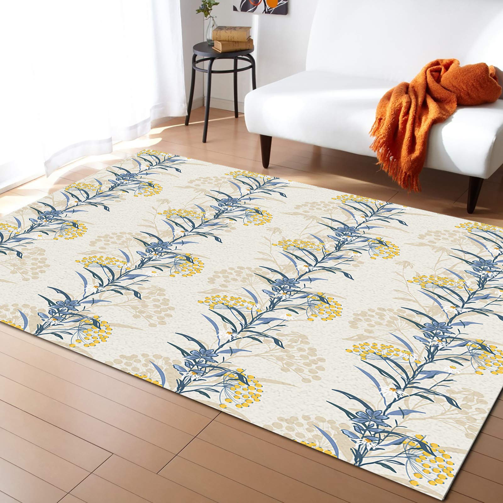 5'x8' Non-Slip Floral Area Rug - Spring Farmhouse Design with Beige Summer Flowers for Bedroom, Living Room, Kids Room & Bathroom | Soft Kitchen Runner Mat for Home Decor