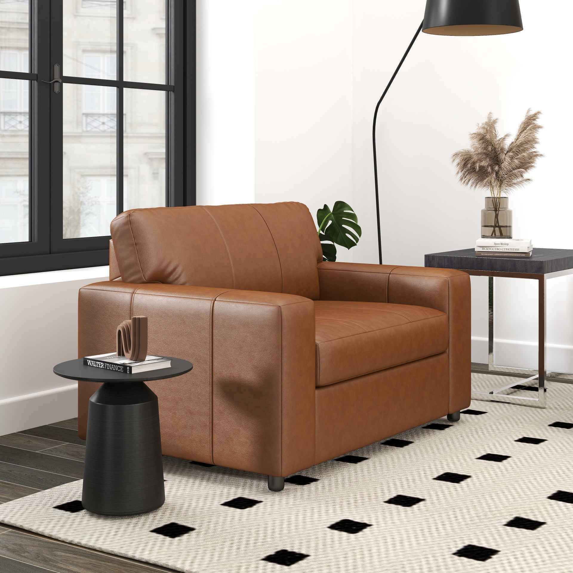 Roundhill Furniture Sakan Genuine Leather Upholstered Cutler Lounge Chair - Modern Living Room Accent Chair for Home Office & Reading Nook