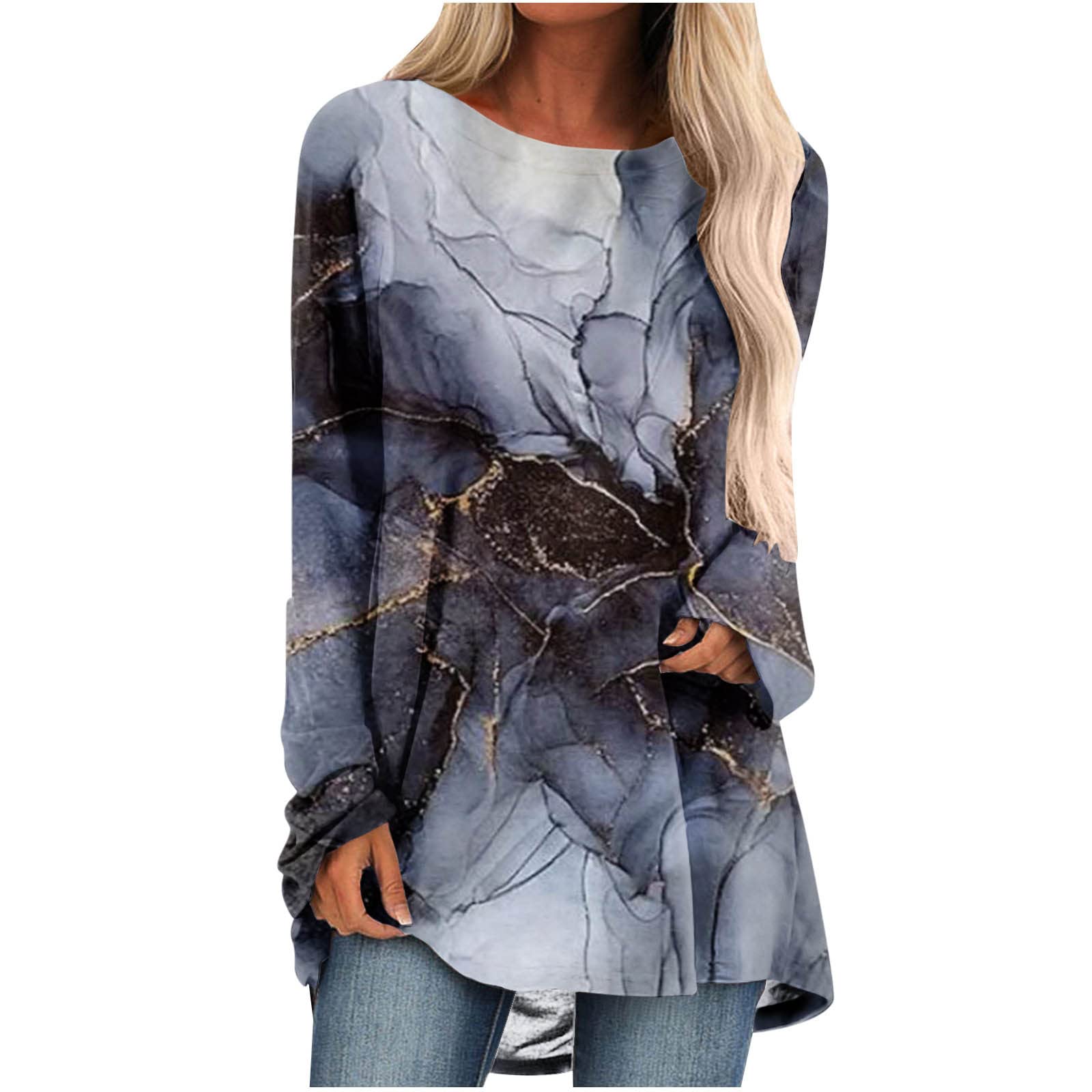 Plus Size Women's Floral Retro Tunic Tops - Long Sleeve Crewneck Loose Fit Hide Belly Blouse for Casual Wear & Office Outfits