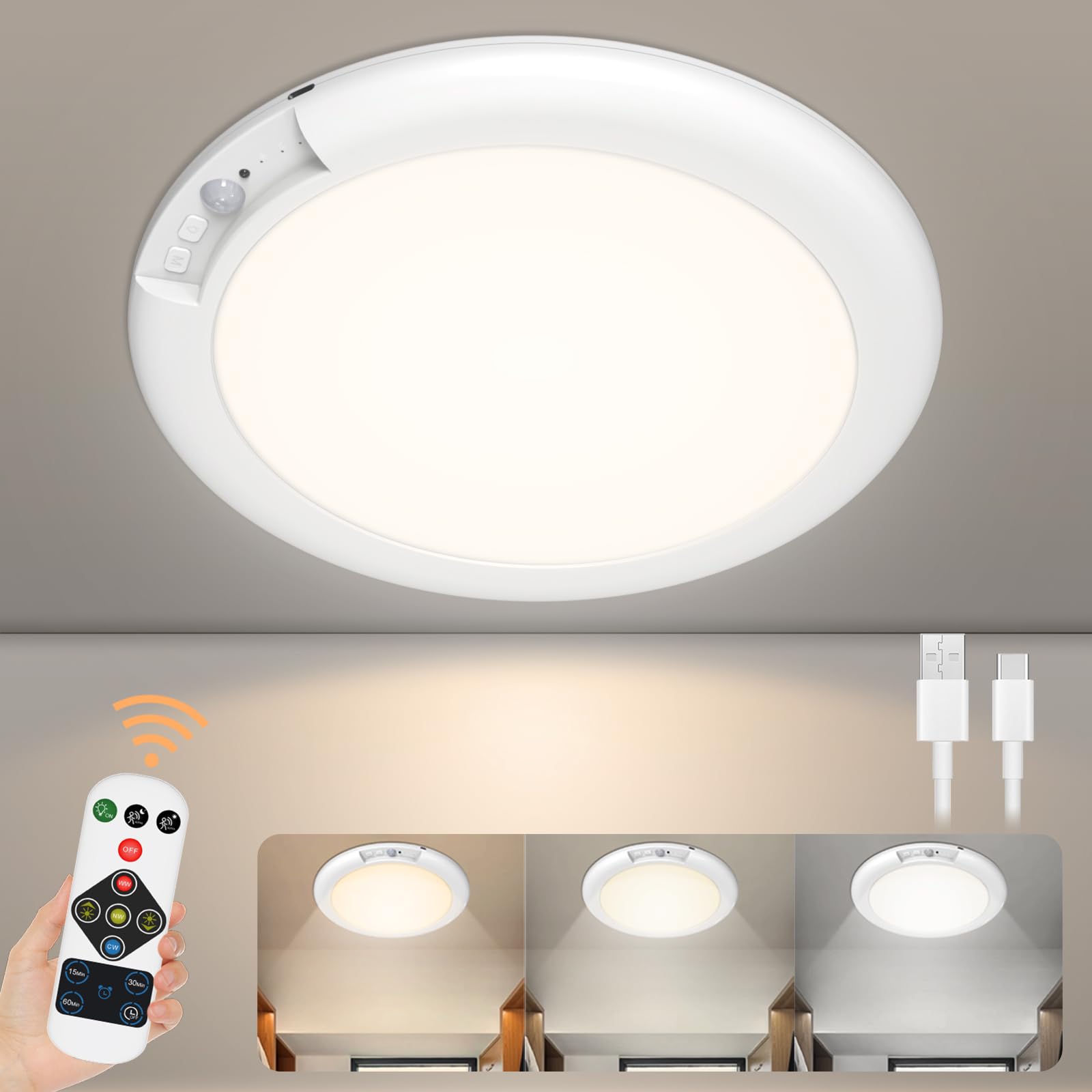 Rechargeable Motion Sensor LED Closet Light with Remote - 400LM Magnetic Wireless Ceiling Light, Battery Operated for Closet, Shower, Pantry, Stairs, Hallway - Perfect for Nighttime Safety and Convenient Lighting