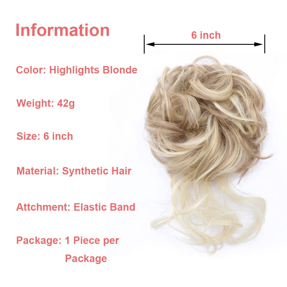 KETHBE Messy Bun Hair Piece - Tousled Updo Hair Extension with Elastic Band, Curly Hair Bun Scrunchie for Women (Highlights Blonde) - Perfect for Work, Parties & Everyday Styling