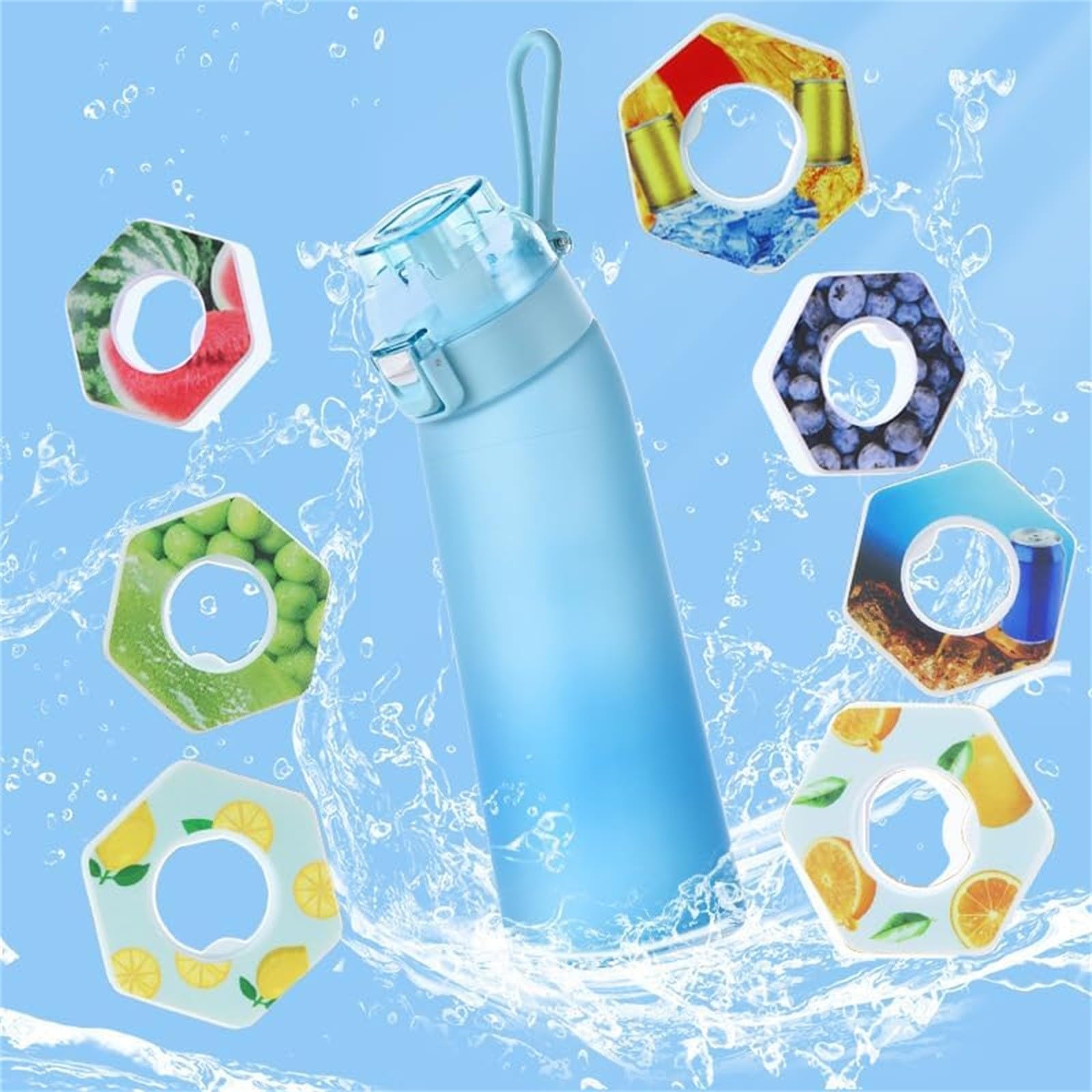 **2024 New 700ml Air Water Bottle with 7 Flavor Pods – Leak-Proof Sports Drinking Bottle for Running, Gym & Outdoor Activities – Blue Starter Set**    *(Perfect for Hydration On-the-Go, Fitness Enthusiasts, Hiking, Cycling & Travel)*