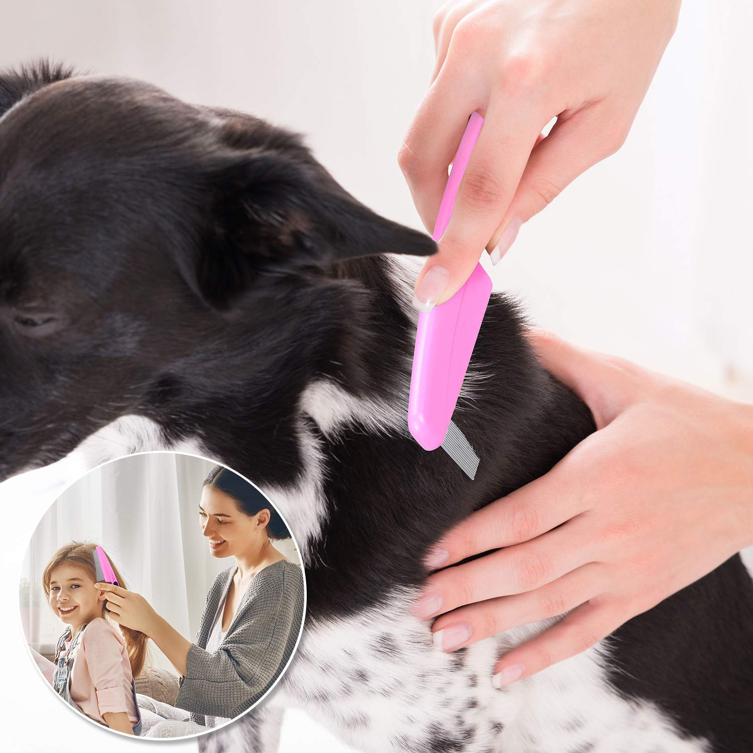 BENSEAO 5-Piece Pet Grooming Set - Metal Flea Comb for Dogs & Cats, Lice Comb, Tear Stain Remover, Durable Detangling Comb with Storage Pouch (Pink) - Perfect for Removing Fleas, Tangles & Dandruff at Home or Professional Grooming