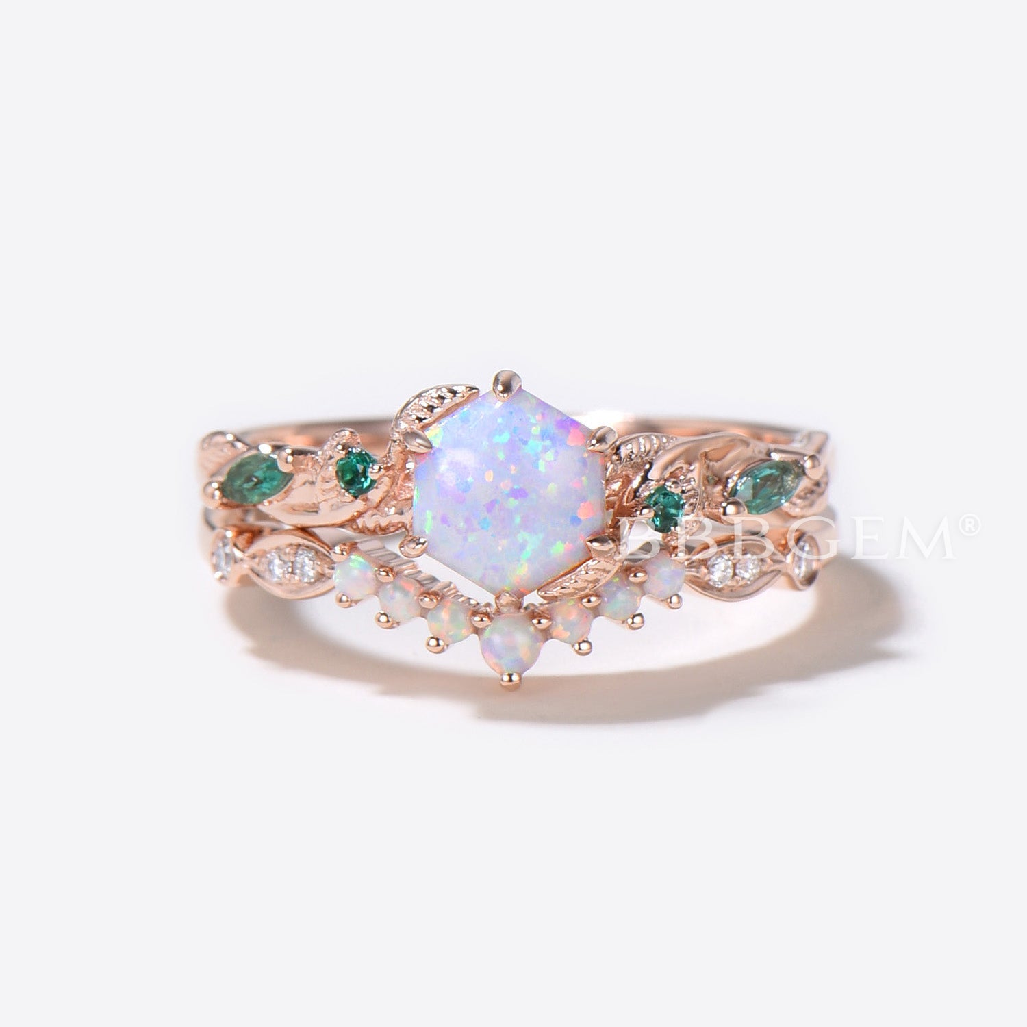 10K Rose Gold Hexagon Cut White Opal Engagement Ring Set - Nature Inspired Leaf Vine Bridal Ring with October Birthstone | Perfect for Weddings, Anniversaries & Nature-Themed Jewelry Lovers
