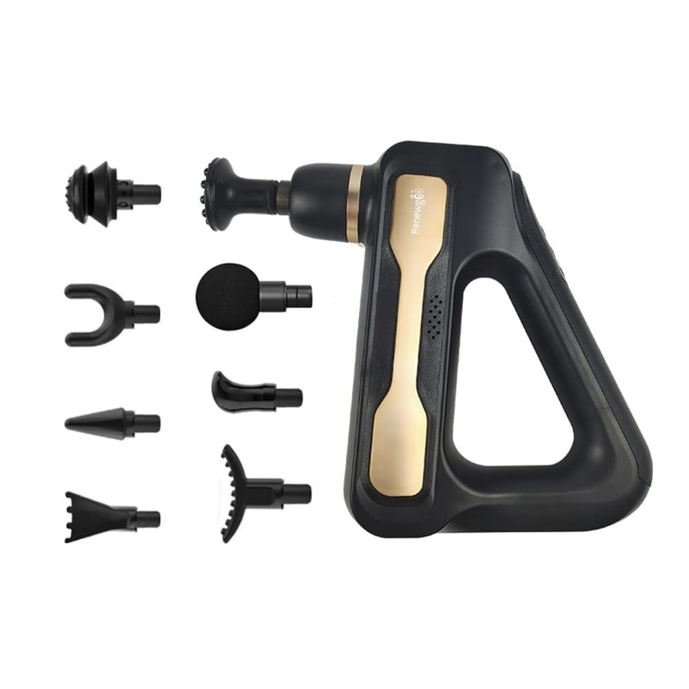 Renewgoo Theragoo Cordless Percussion Massage Gun - Deep Tissue Muscle Relaxation for Soreness Relief & Body Recovery, 32 Speed Levels with 8 Attachments (Gold) - Perfect for Post-Workout Recovery, Physical Therapy & Home Relaxation