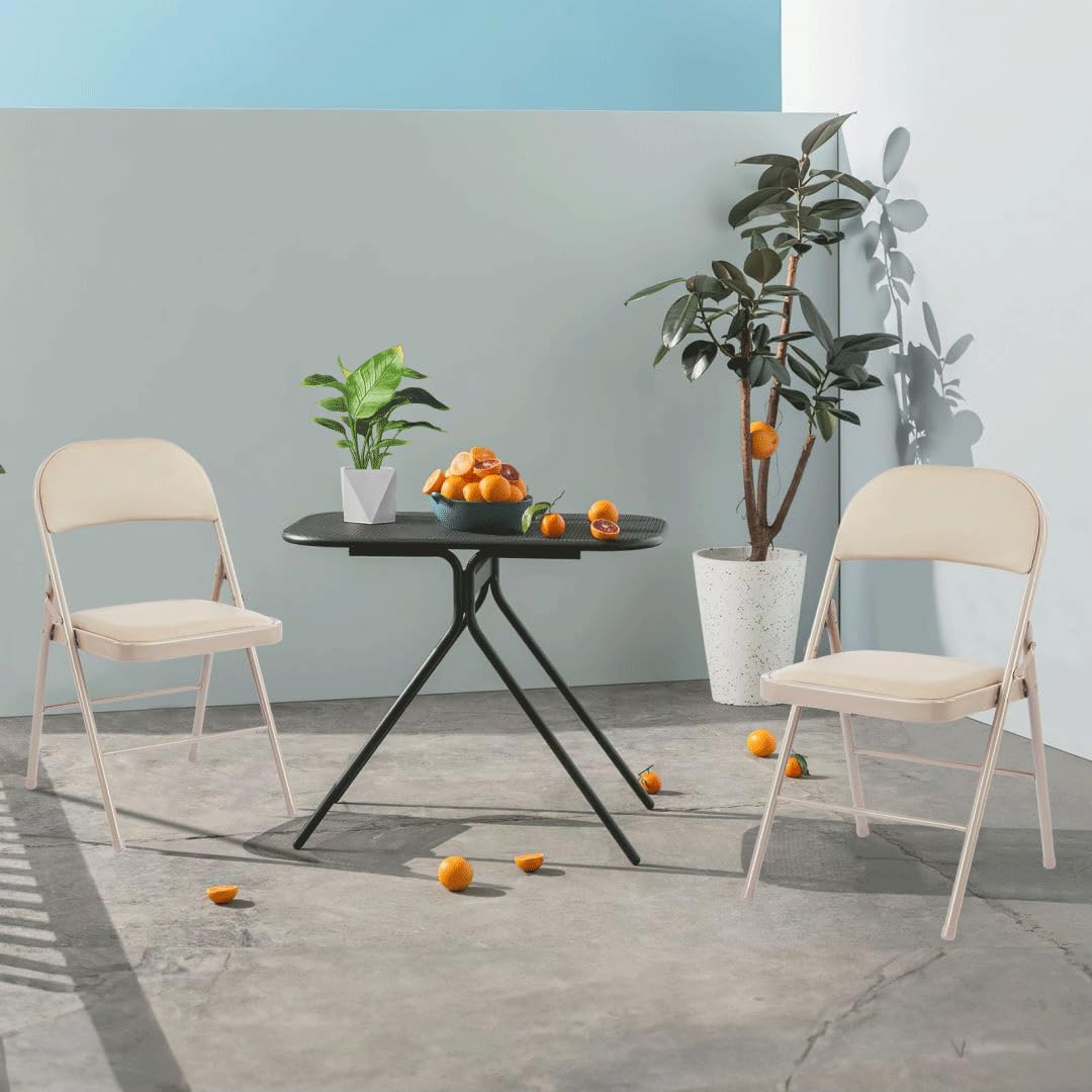4-Pack Padded Folding Chairs with Cushion - Stackable Acrylic Portable Chairs for Outdoor, Indoor, Office & Events - Comfortable Seating for Parties, Picnics, Weddings & Meetings (Khaki)