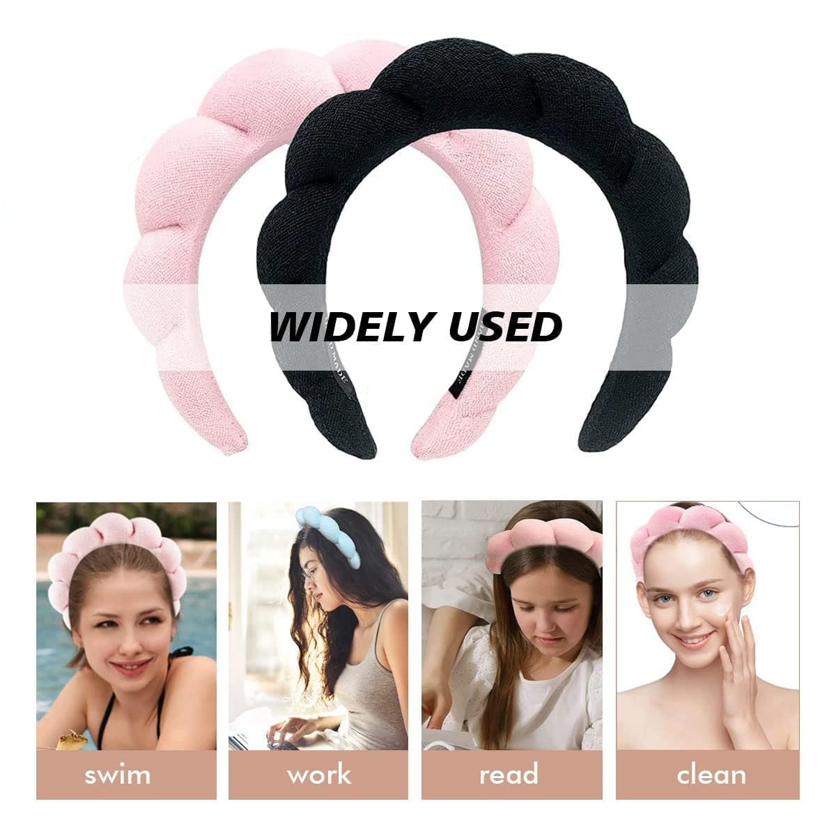 2 Pack Soft Puffy Makeup Headbands for Women & Girls - Non-Slip Spa Hair Bands for Face Washing, Skincare, Yoga & Relaxation (Black & Pink) - Perfect for Home Spa Days, Beauty Routines & Self-Care Sessions