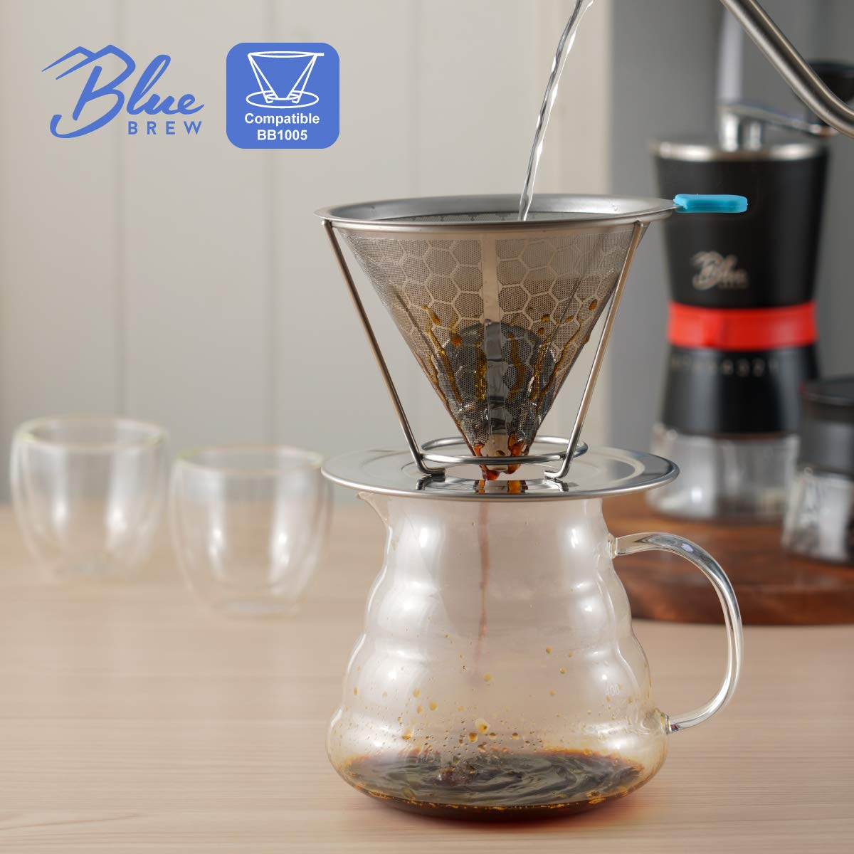 Premium Blue Brew Clear Glass Coffee Server - 600ml (20oz) Heat-Resistant Carafe for Pour Over Coffee & Tea | Ideal for Home Brewing, Cafes & Office Use (BB1008)