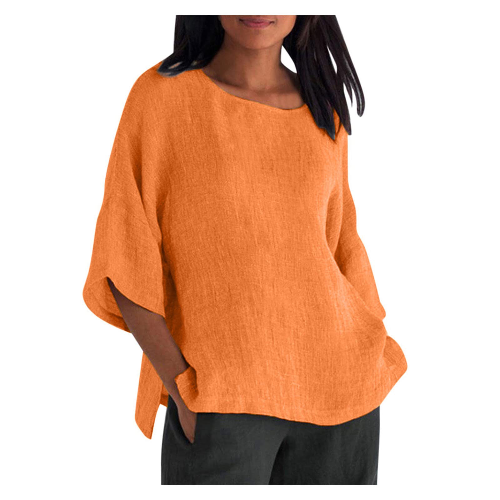 DESKABLY Plus Size Women's 3/4 Sleeve Casual Summer Tops - Crew Neck Solid Color Loose Fit Comfortable Blouse for Work, Office & Weekend Outings