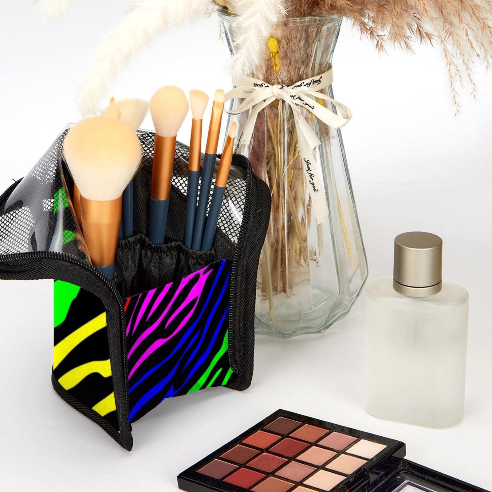 12-Piece Makeup Brush Organizer Bag with Rainbow Zebra Print - Portable Cosmetic Brush Holder Case for Travel & Home Storage