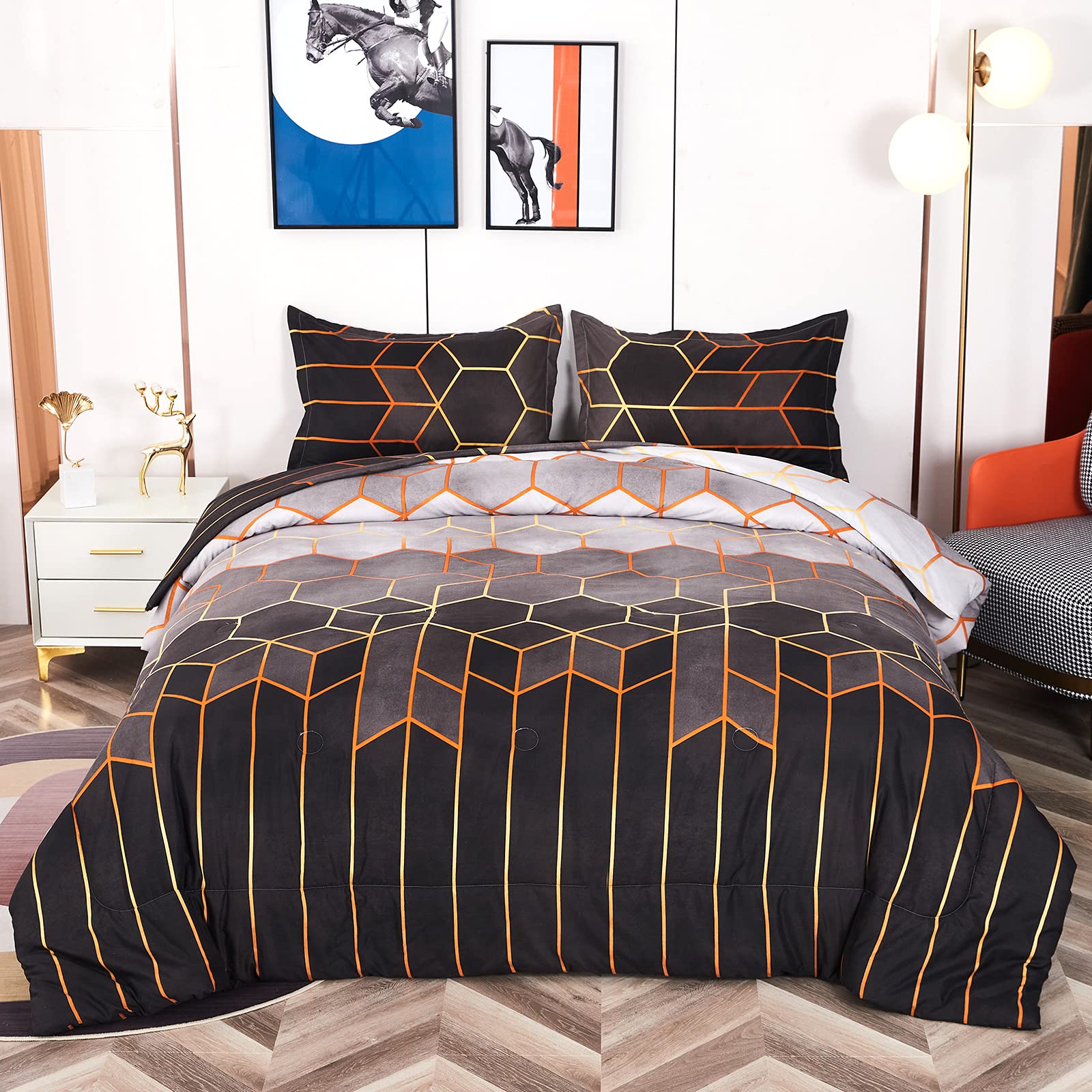 Queen Size 5-Piece Comforter Set - Black Marble Print Geometric Design Bedding with 1 Quilt, 2 Pillowcases, 1 Flat Sheet & 1 Fitted Sheet | Soft Microfiber All-Season Bedding for Modern Bedrooms | Perfect for Master Bedroom, Guest Room or Dorm Decor