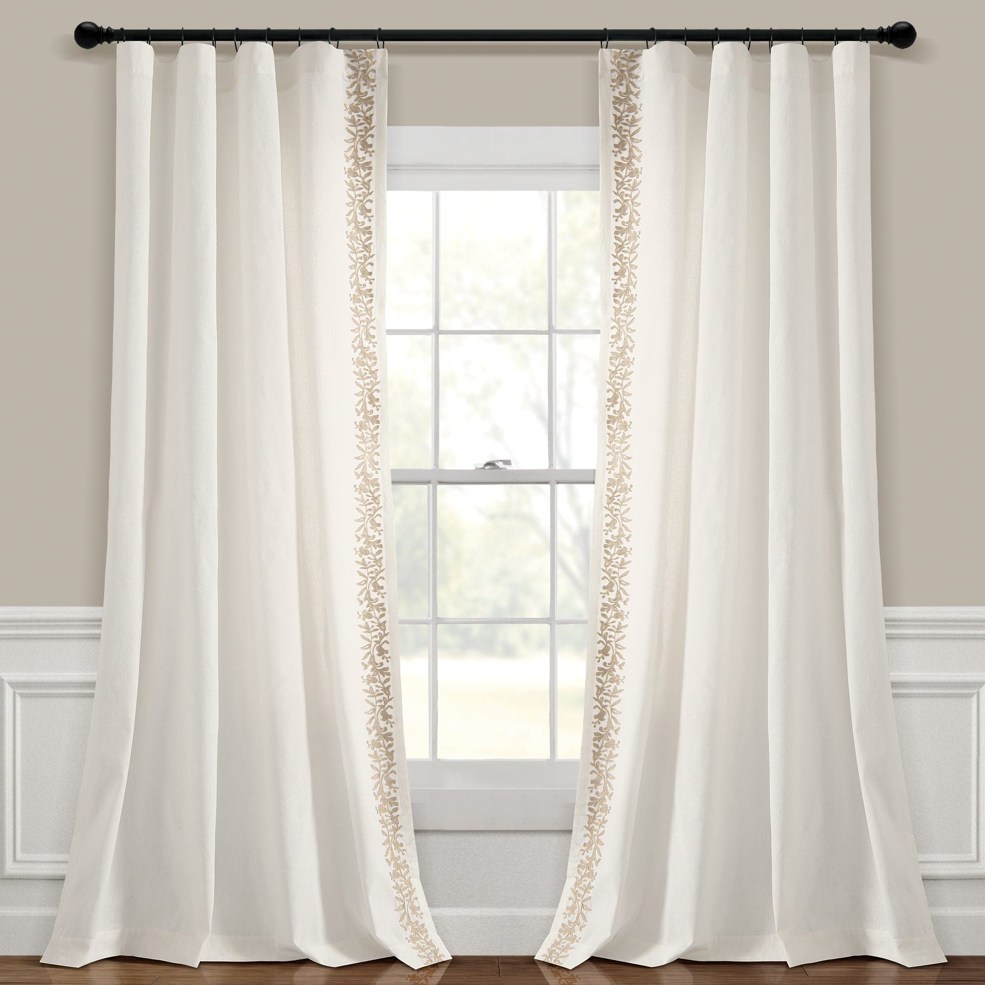 Luxury Modern Floral Linen-Like Embroidered Border Window Curtain Panel - Elegant Home Decor for Living Room & Bedroom