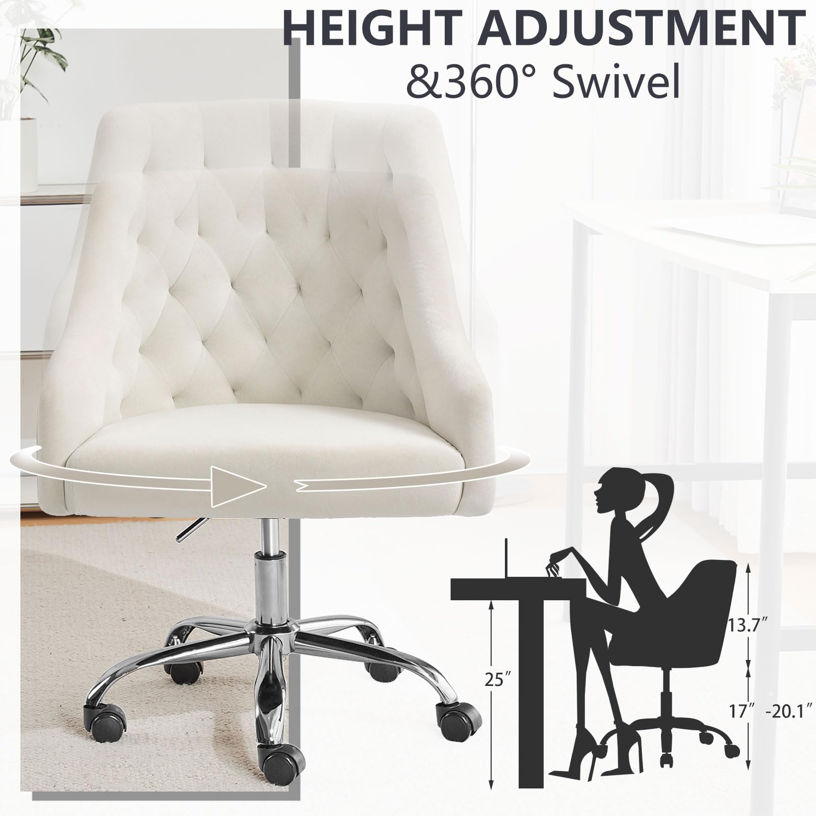 MOJAY Velvet Office Swivel Chair - Adjustable Height 360° Rotating Vanity Desk Chair with Gold Base, Soft Fabric Upholstery for Women's Home Office, Reception Area, and Dressing Room (White)