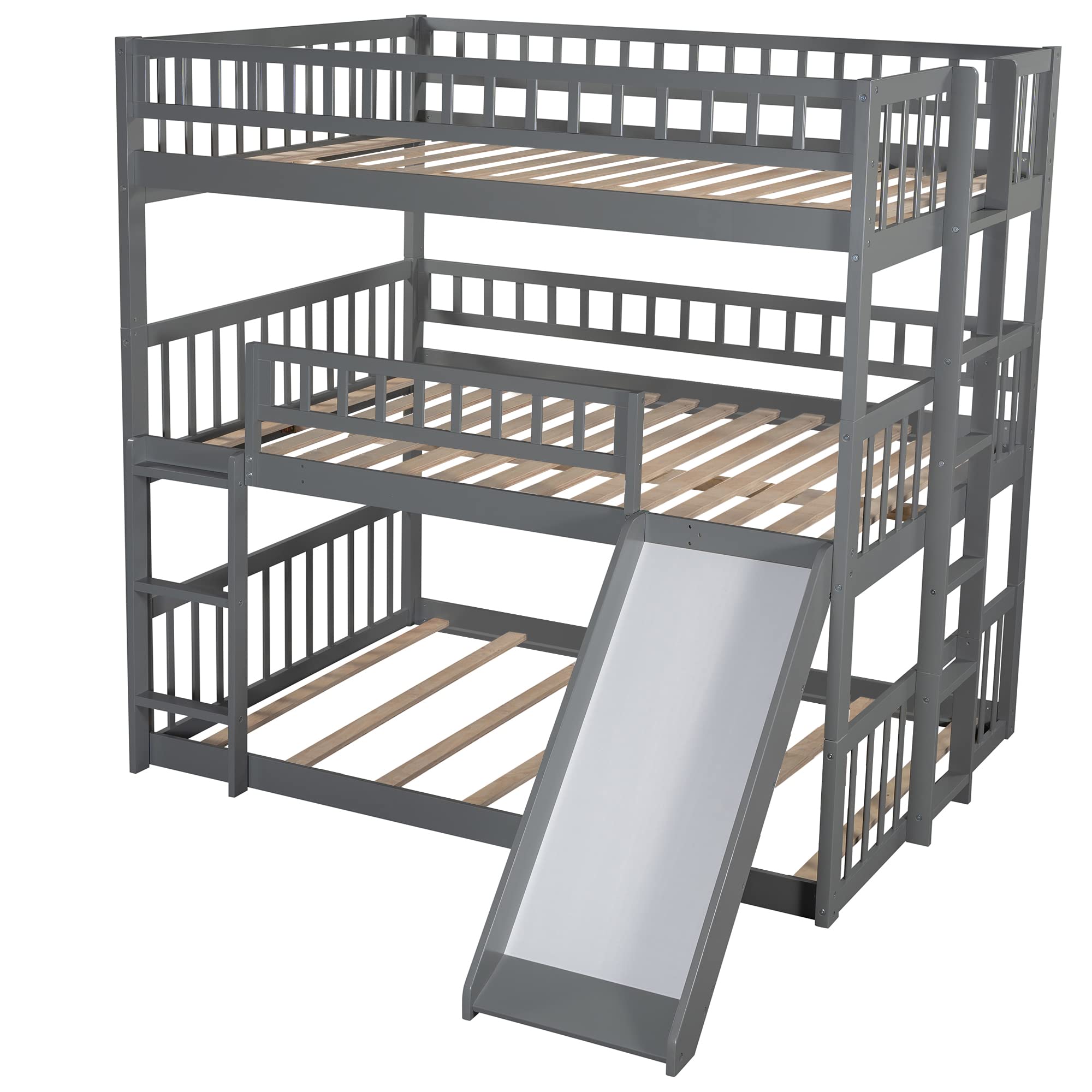 Harper & Bright Designs Triple Bunk Beds with Slide - Full Over Full Over Full Wooden Bunk Bed Frame with Built-in Ladder for Kids, Teens & Adults - Space Saving Bedroom Furniture for Small Rooms, Dorms, Vacation Homes & Shared Kids' Rooms (Gray)