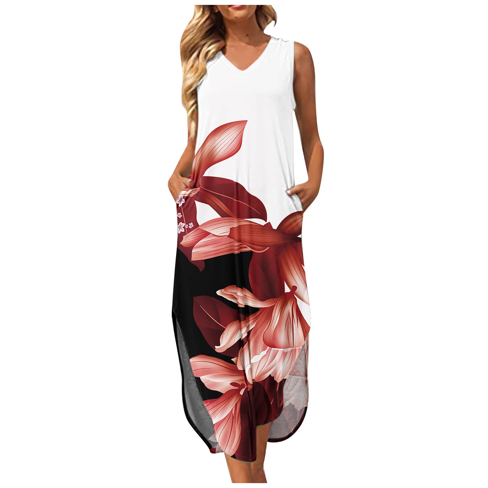 Vintage Floral Print Maxi Dress for Women - Summer Casual Sleeveless Sundress with Side Split, Loose Flowy Swing Dress for Beach, Vacation & Outdoor Parties