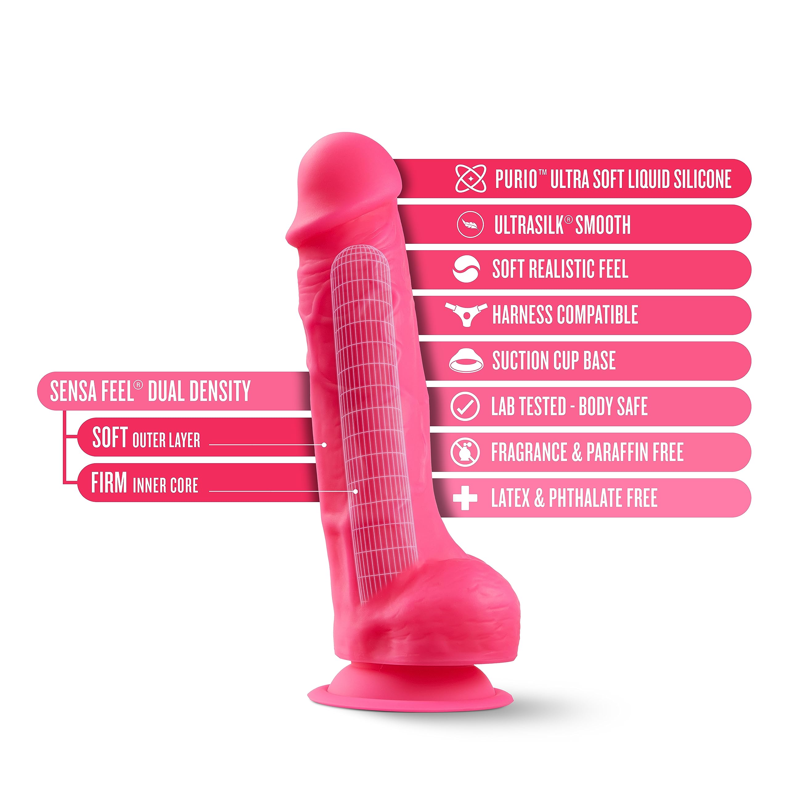 Blush Novelties Neo Elite 7.5 Inch Dual Density Silicone Dildo with Suction Cup - Ultra Smooth Sensa Feel Technology - Body Safe Sex Toy for Couples & Solo Play - Strap On Compatible - Perfect for Bedroom Fun, Shower Use & BDSM Scenes - Neon Pink