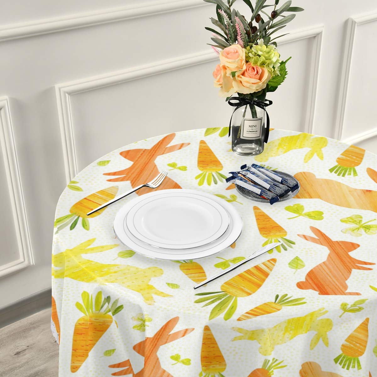 Wamika Easter Bunnies & Carrots Round Tablecloth - 60 Inch Spring Floral Lace Table Cover with Roses, Washable Polyester for Dining Decor | Perfect for Holiday Parties, Weddings, Picnics & Easter Celebrations