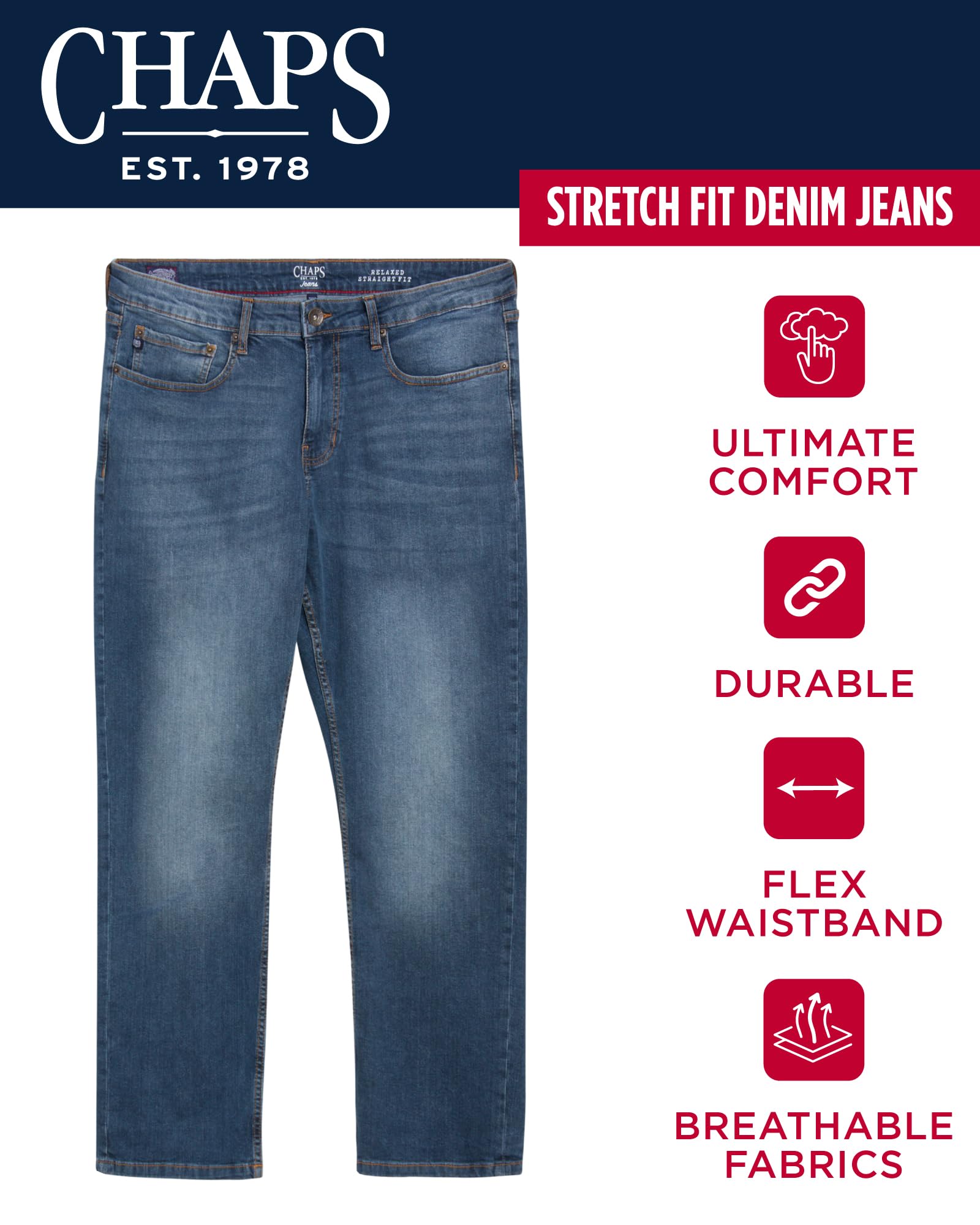 Chaps Men's Straight Leg Comfort Stretch Denim Jeans - Slim Fit Casual & Work Pants for Everyday Wear | Office, Weekend, and Outdoor Activities