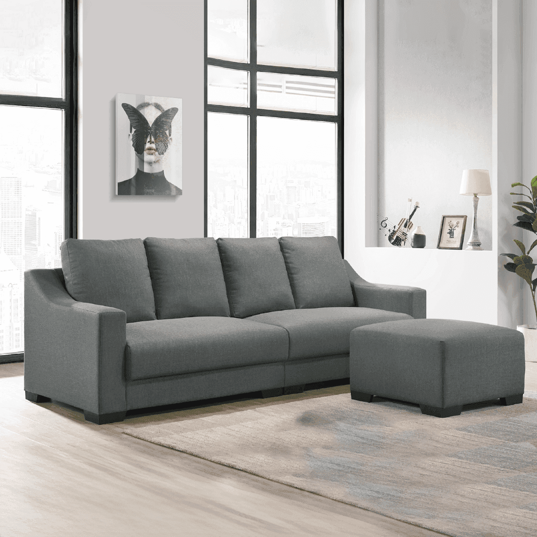 Kollins Grey Fabric Sofa Set with Stool - 4 Seater Modern Living Room Furniture for Home, Office & Lounge Comfort