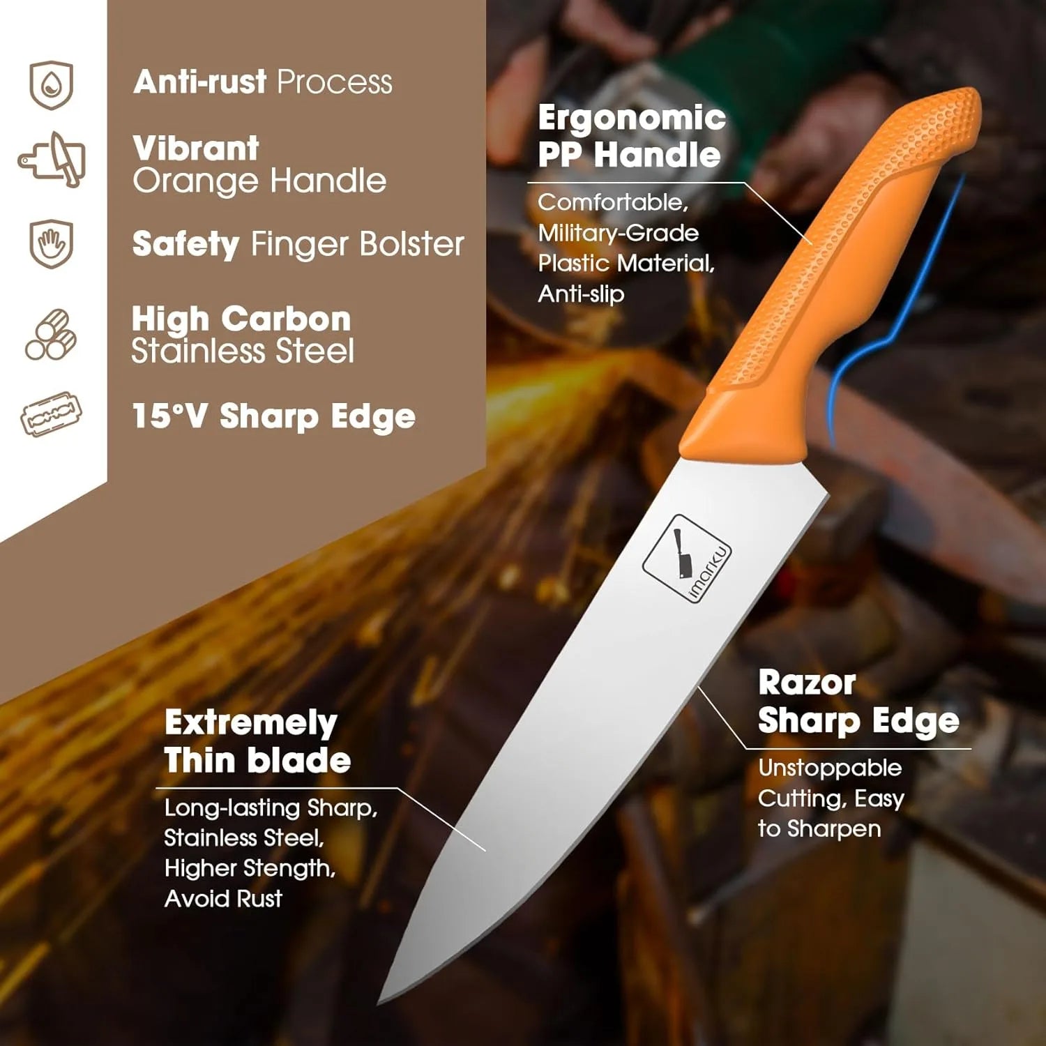 Premium Orange Knife Set with Sharp Stainless Steel Blades & Ergonomic PP Handles - Perfect for Home Kitchen, Camping, and Outdoor Cooking
