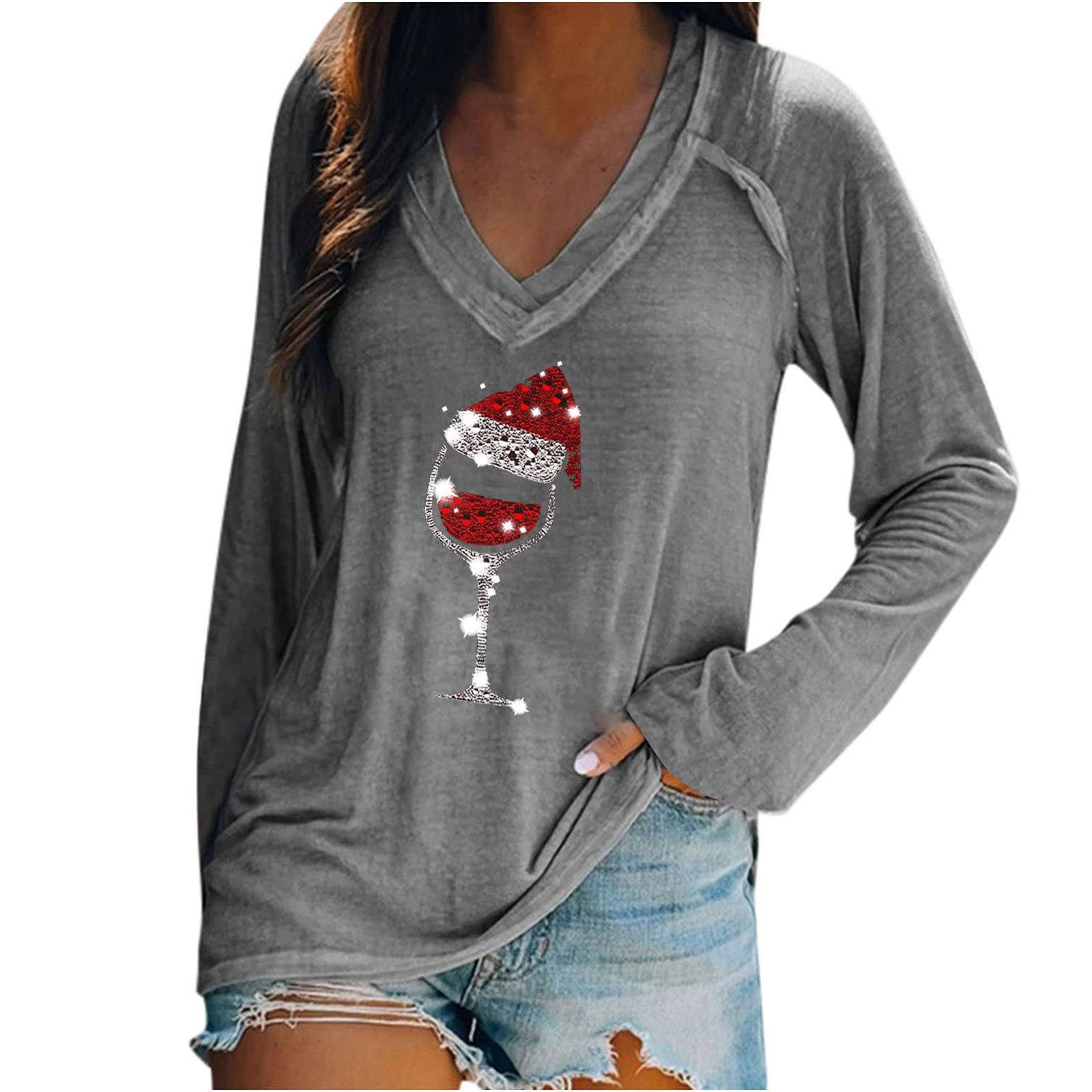 Women's Merry Christmas Long Sleeve V-Neck Pullover Sweatshirt - Casual Holiday T-Shirt for Christmas Party, Family Gathering & Winter Outfits