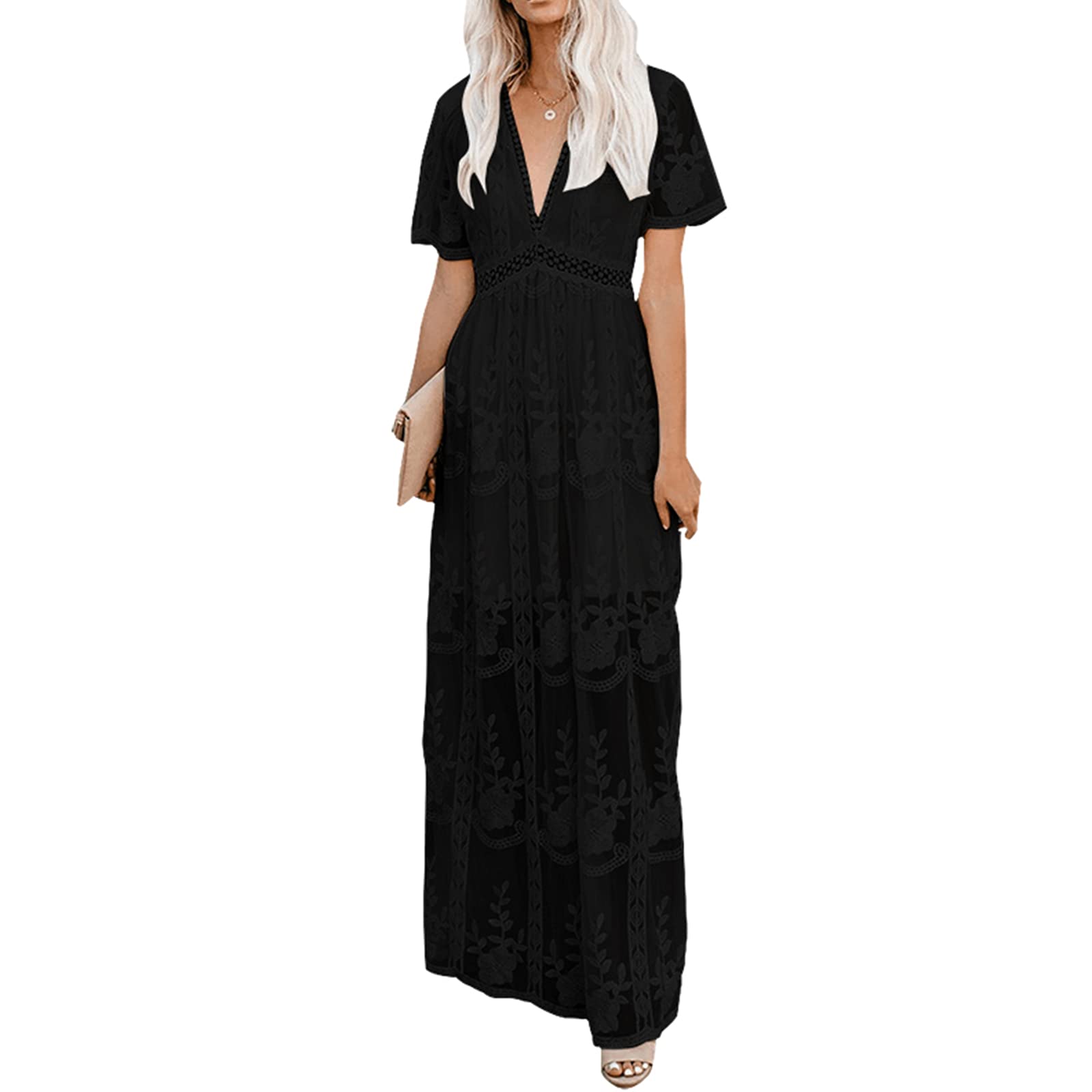 Women's Deep V Neck Short Sleeve Floral Lace Maxi Dress - Elegant Long Bridesmaid Gown for Weddings, Parties & Summer Vacations